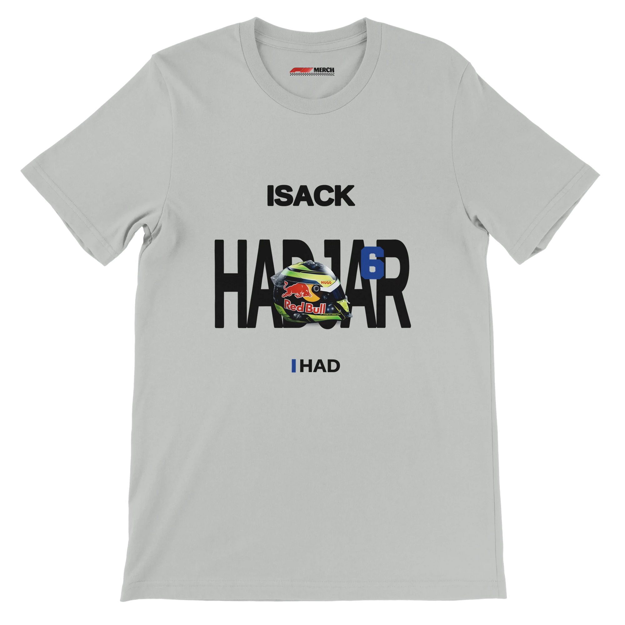 f111 merch silver color t-shirt with hadjar branding.