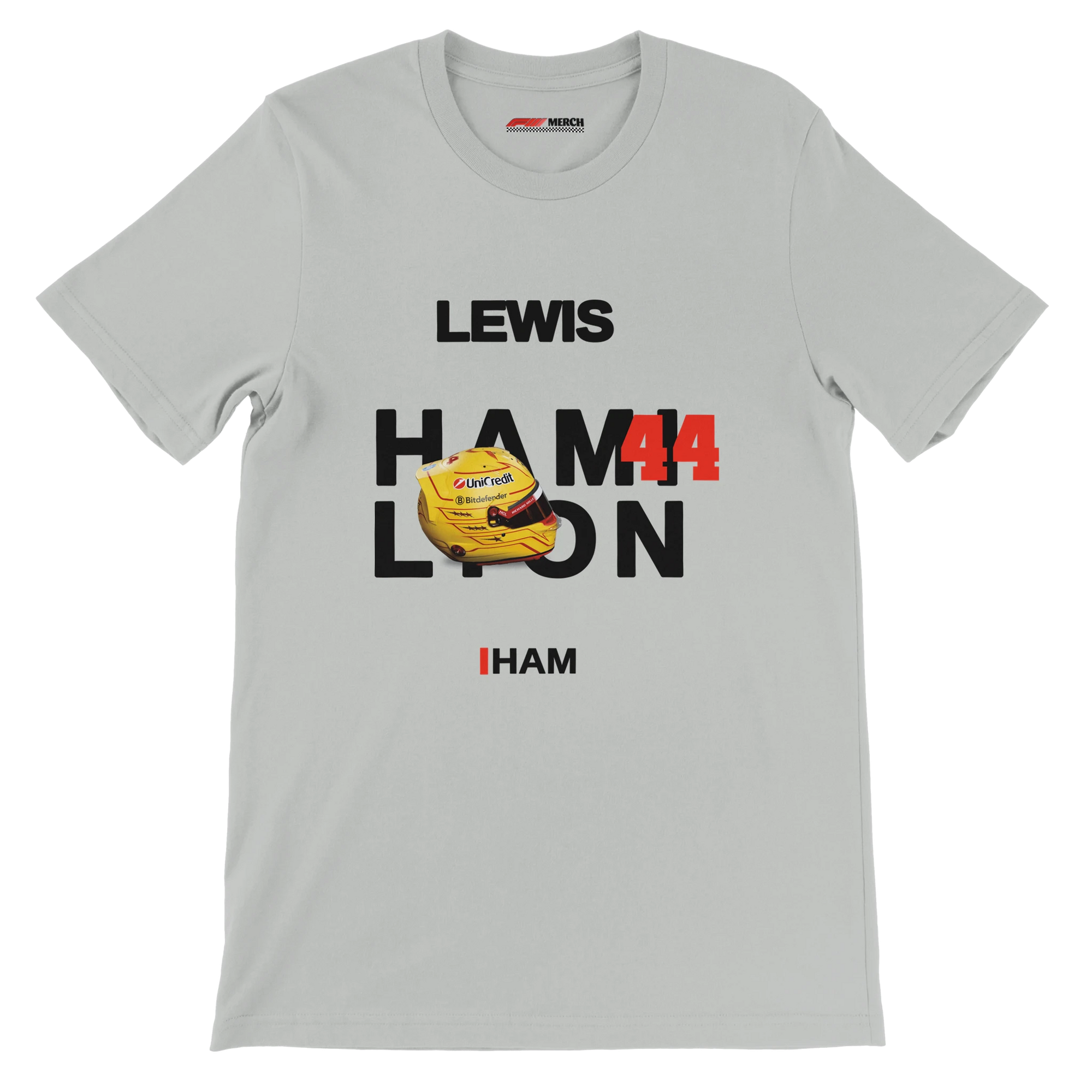 f111 merch silver color t-shirt with hamilton branding.