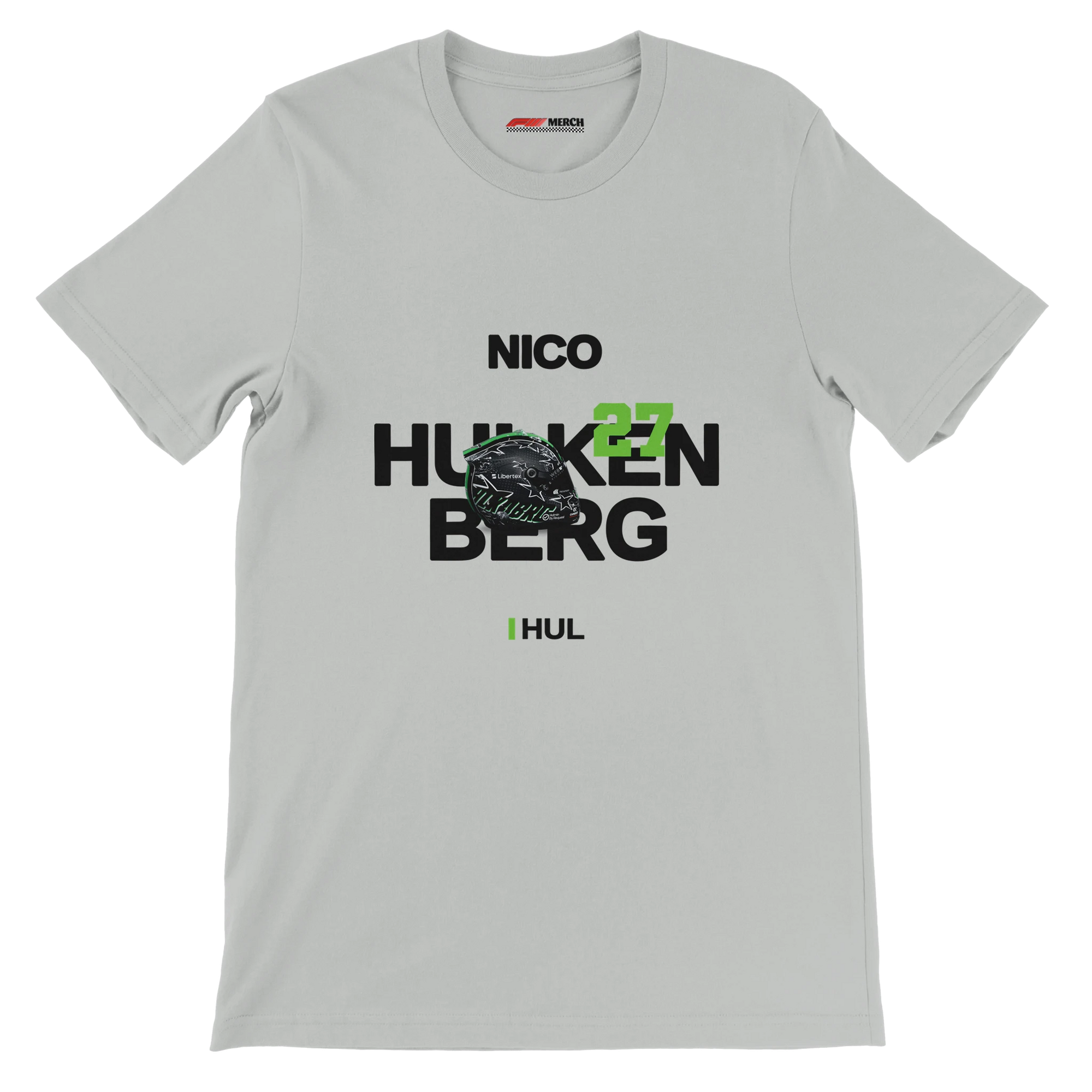 f111 merch silver color t-shirt with hulkenberg branding.