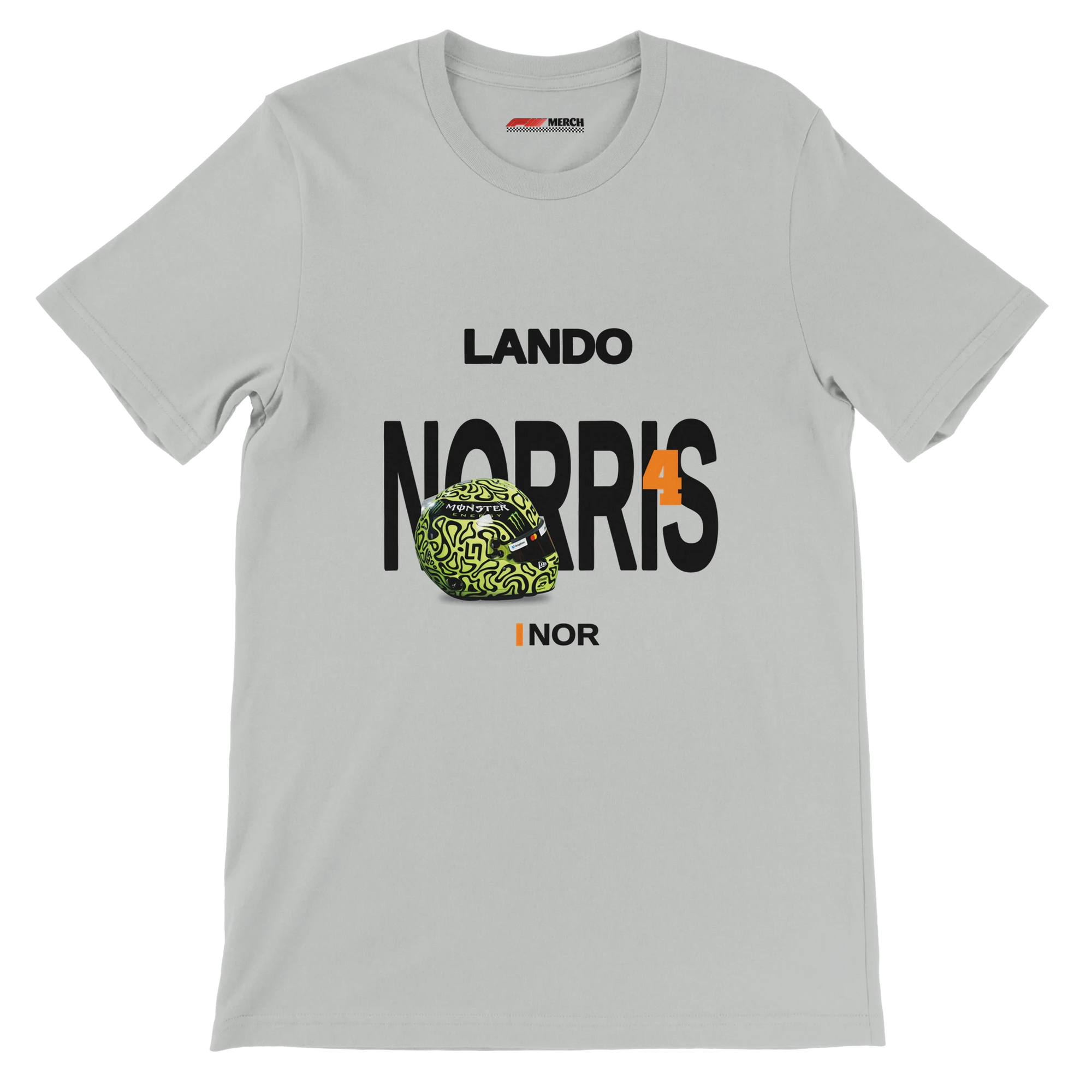 f111 merch silver color t-shirt with norris branding.