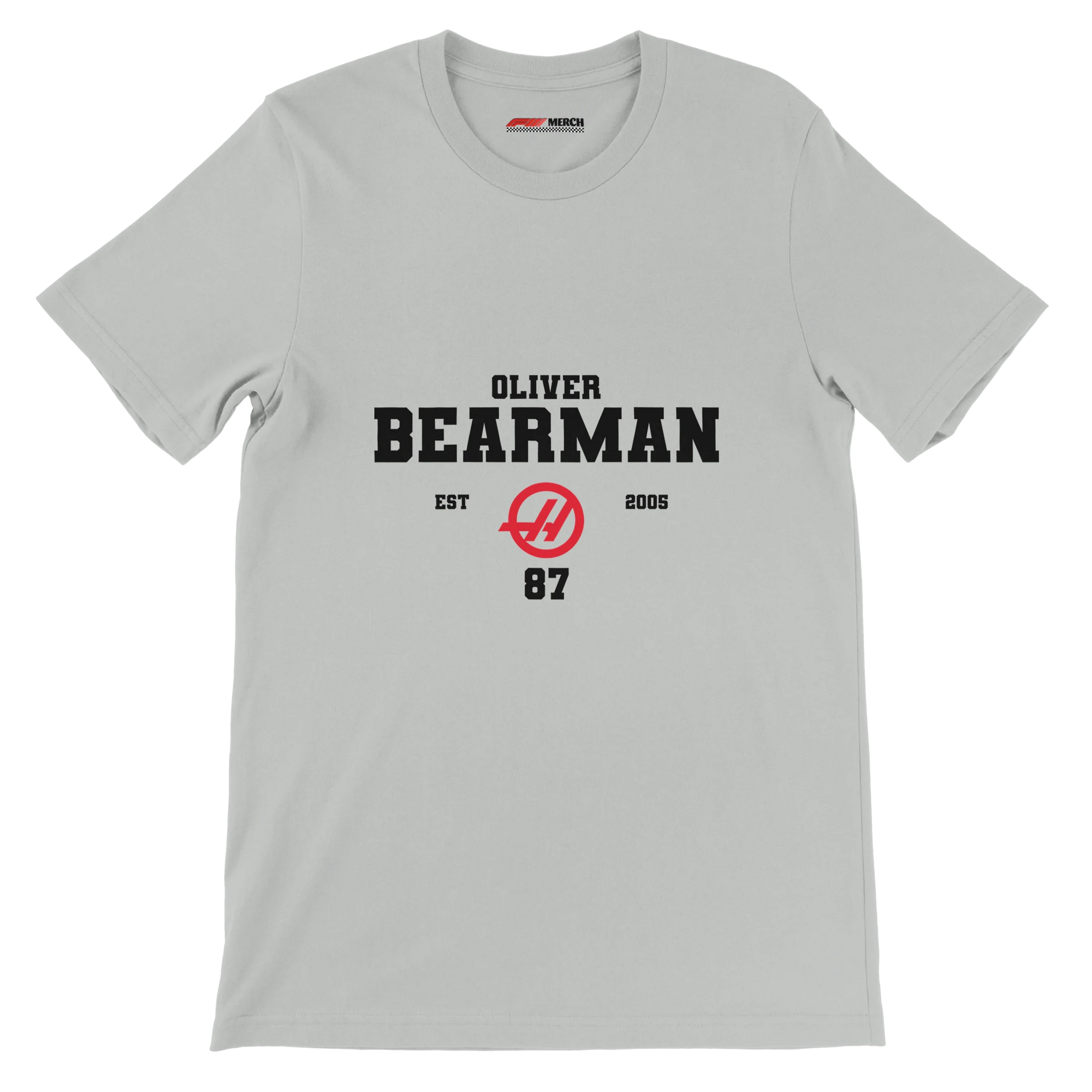f111 merch silver color t-shirt with oliver-bearman branding.