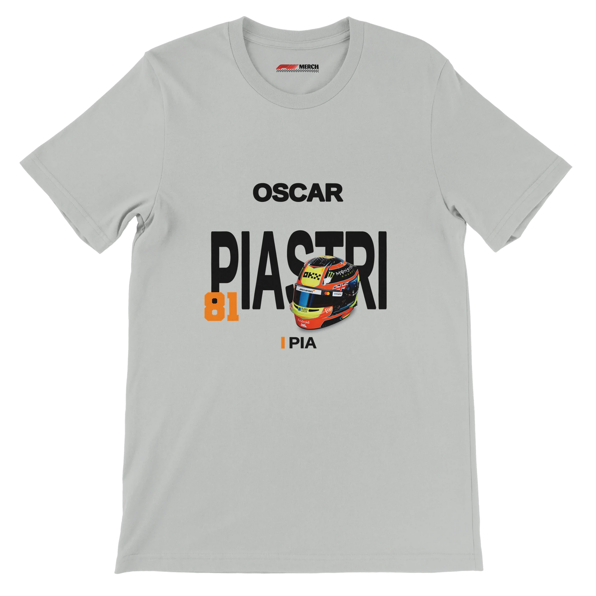 f111 merch silver color t-shirt with piastri branding.
