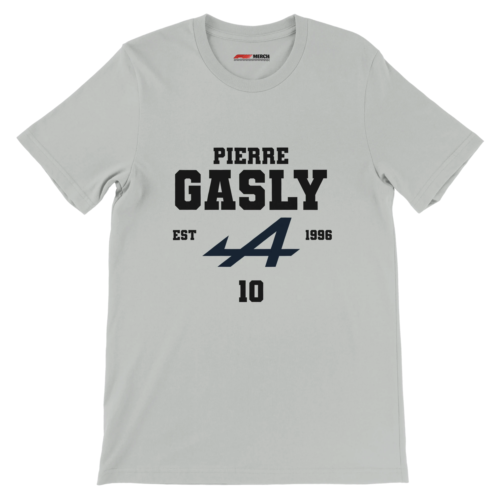 f111 merch silver color t-shirt with pierre-gasly branding.