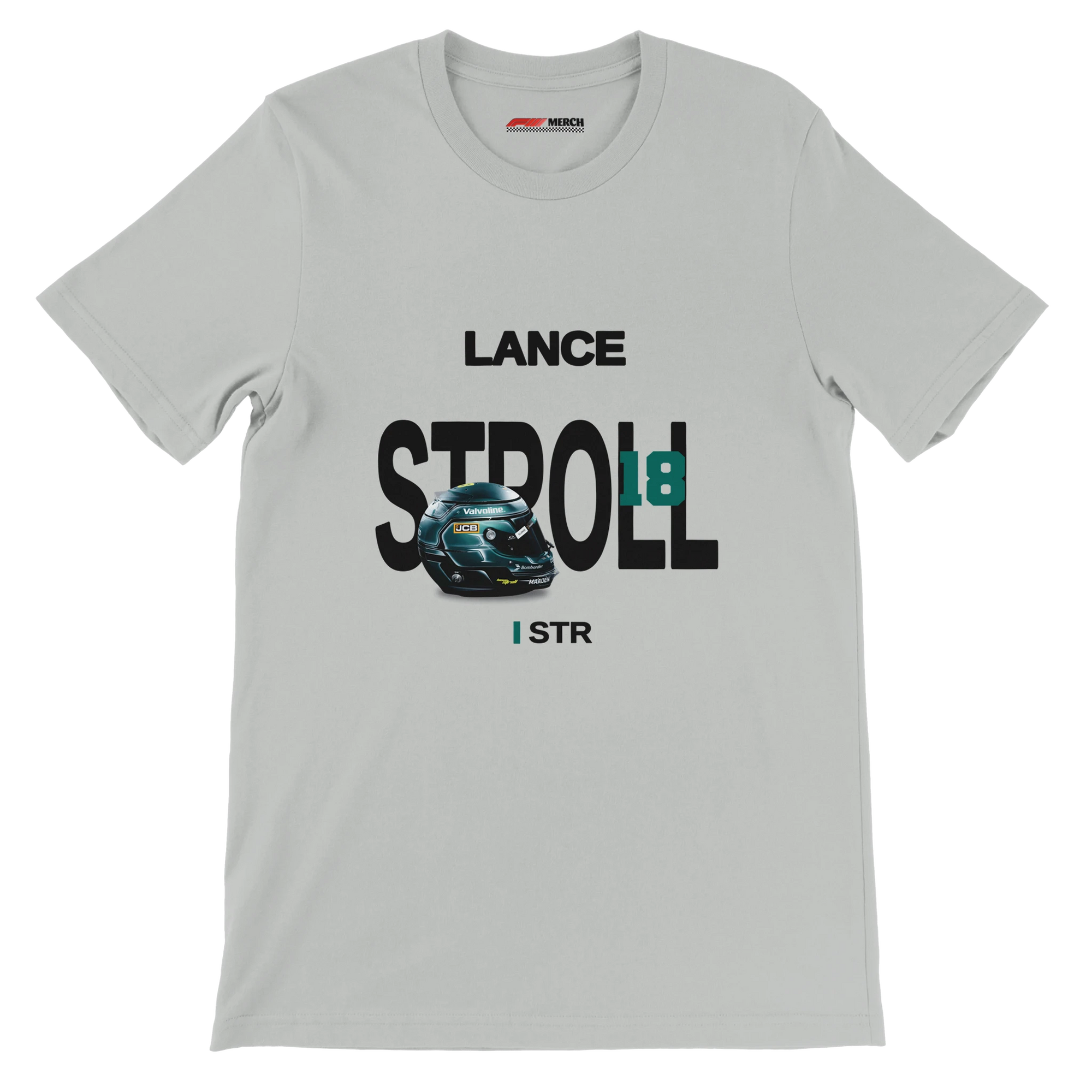 f111 merch silver color t-shirt with stroll branding.
