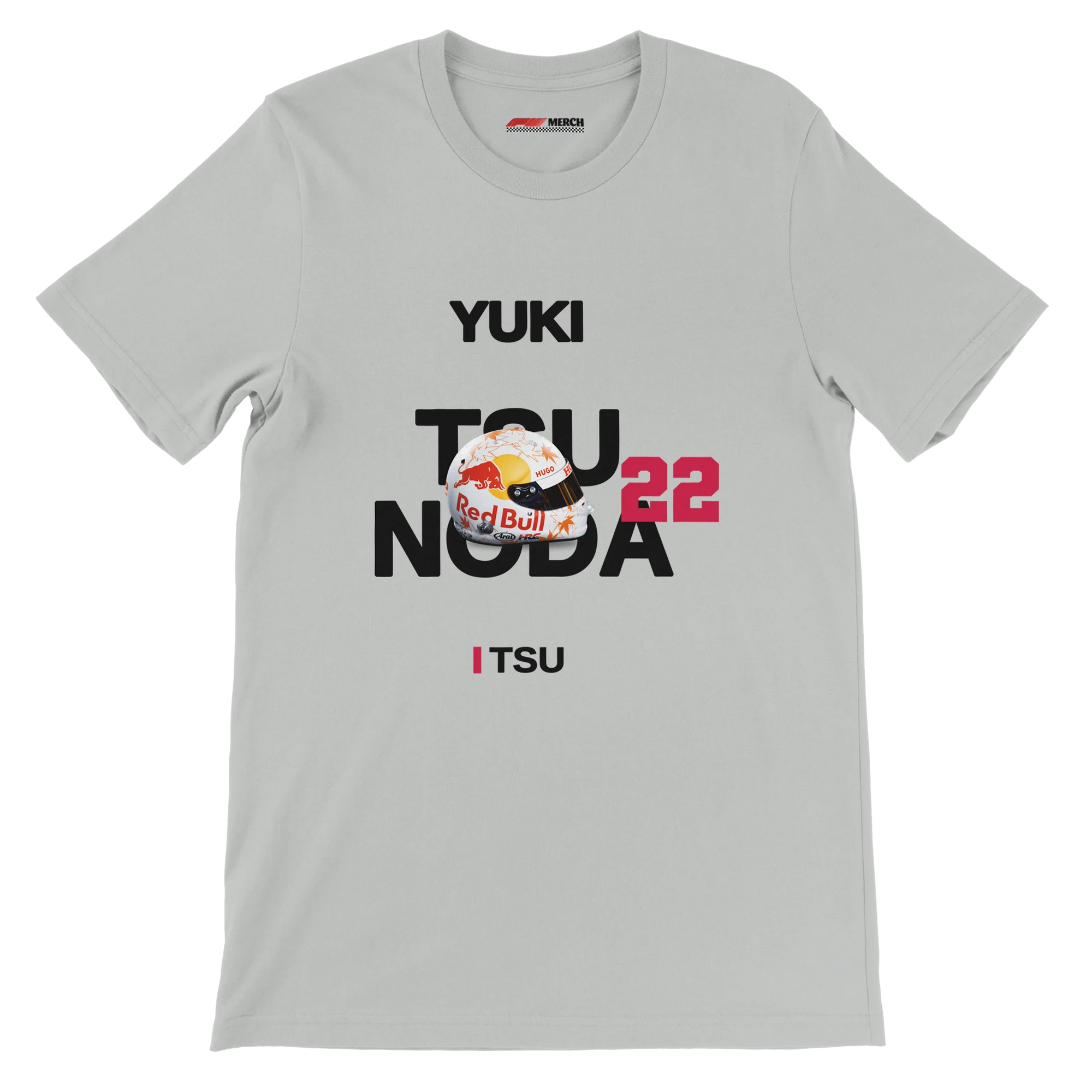 f111 merch silver color t-shirt with tsunoda branding.