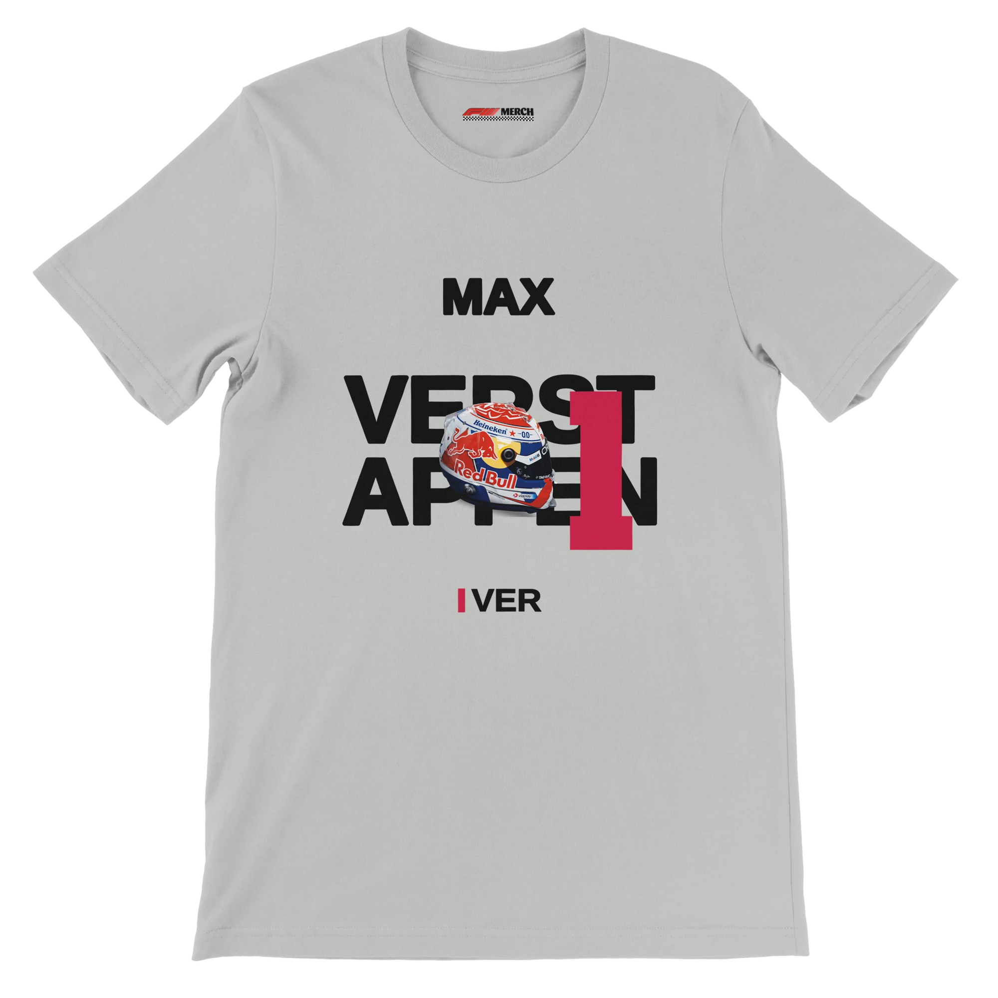 f111 merch silver color t-shirt with verstappen branding.