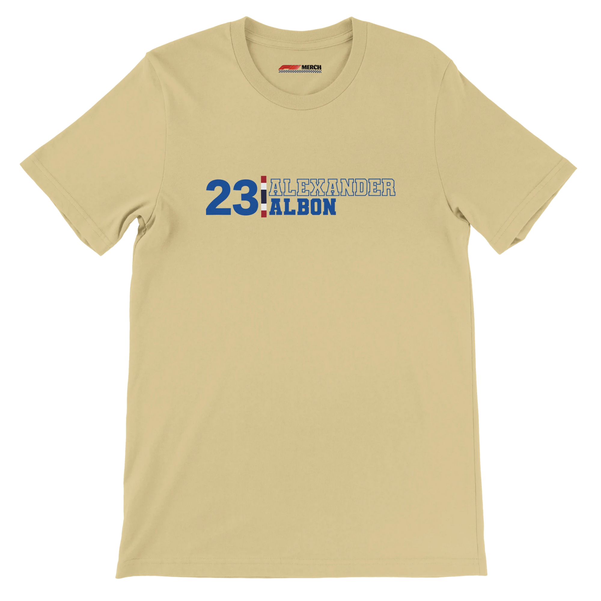 f111 merch soft-cream color t-shirt with alex-albon branding.