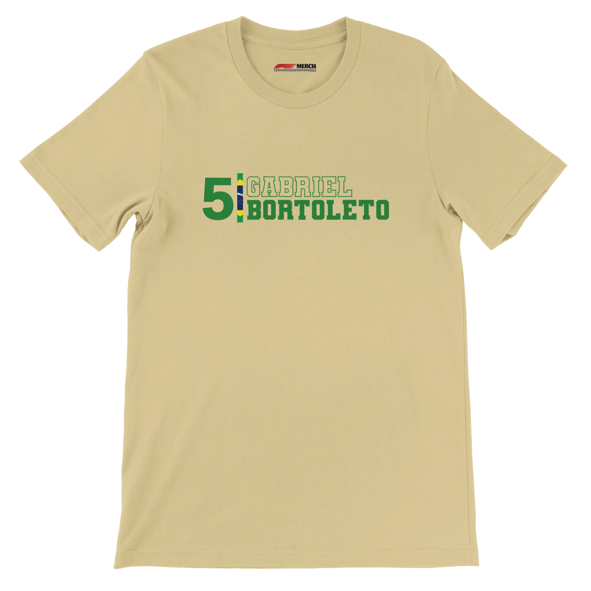 f111 merch soft-cream color t-shirt with gabriel-bortoleto branding.