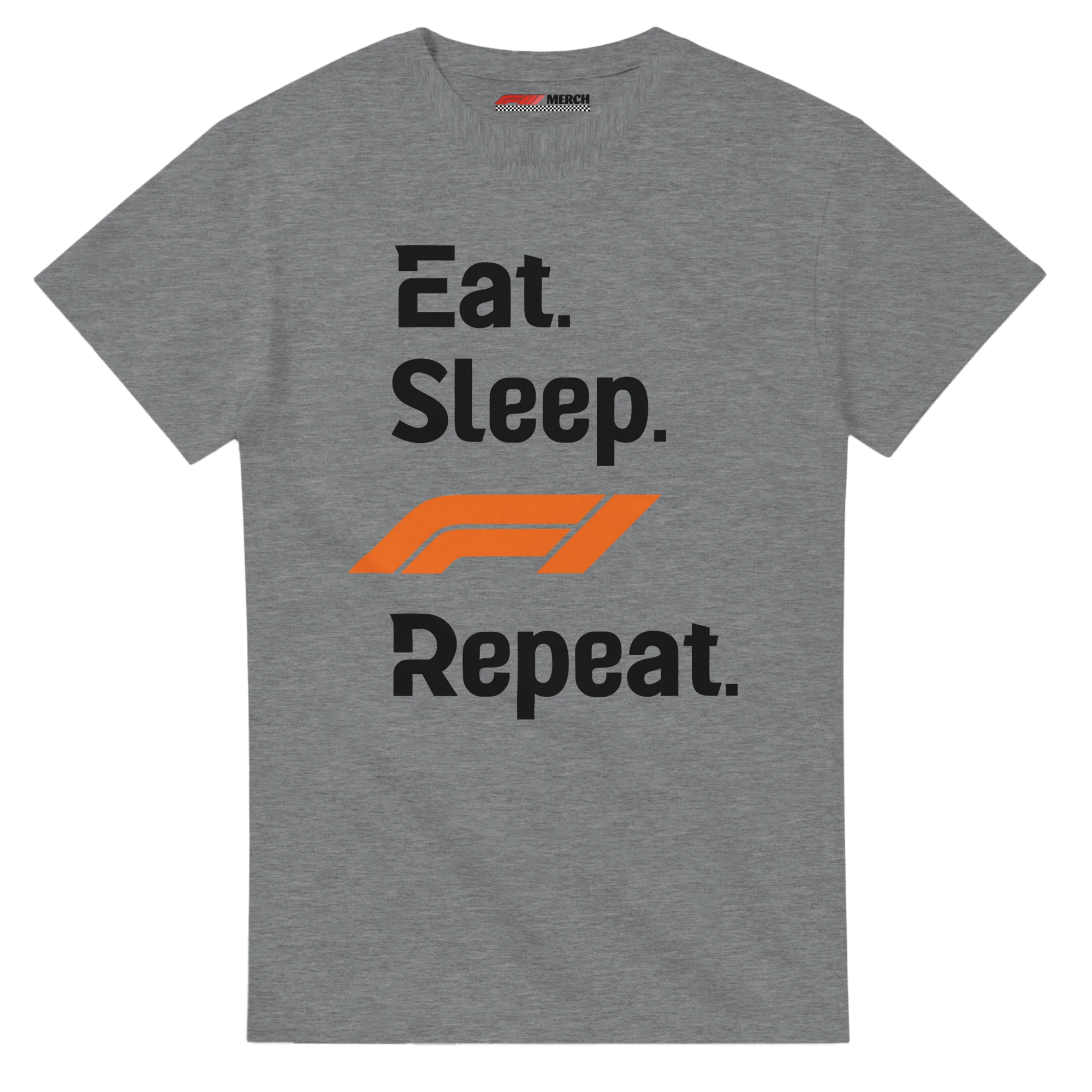 f111 merch sport-grey color t-shirt with eat-sleep-f1-repeat-orange branding.