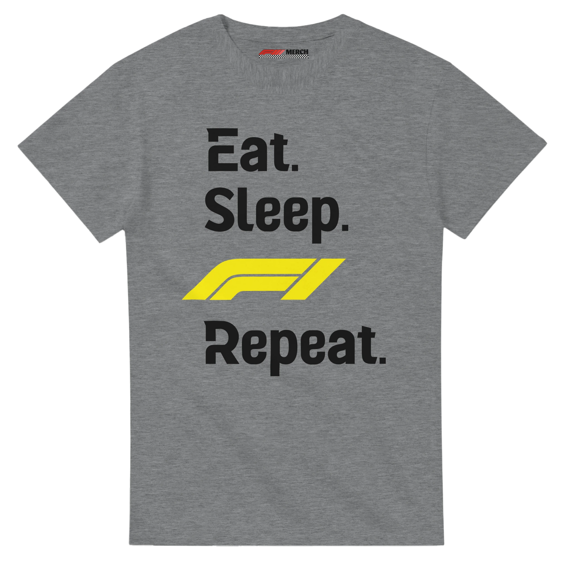 f111 merch sport-grey color t-shirt with eat-sleep-f1-repeat-yellow branding.