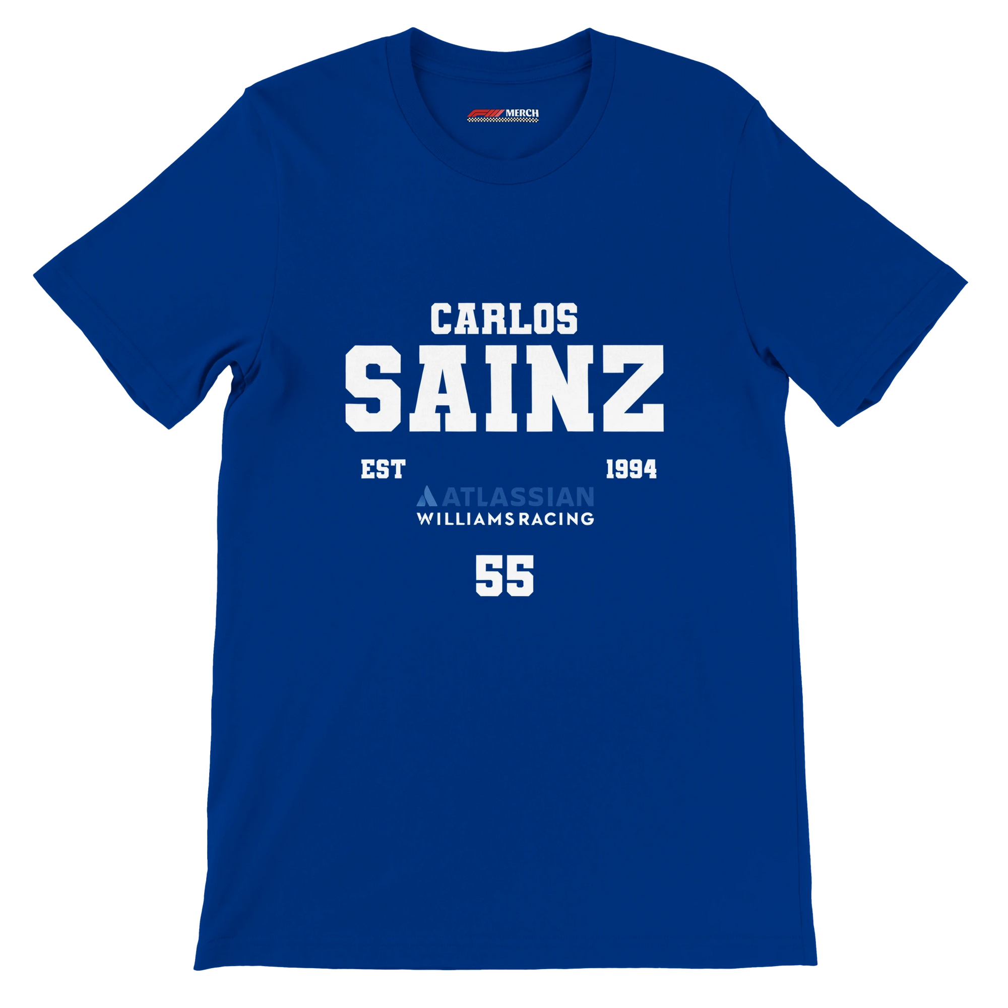 f111 merch true-royal color t-shirt with carlos-sainz branding.