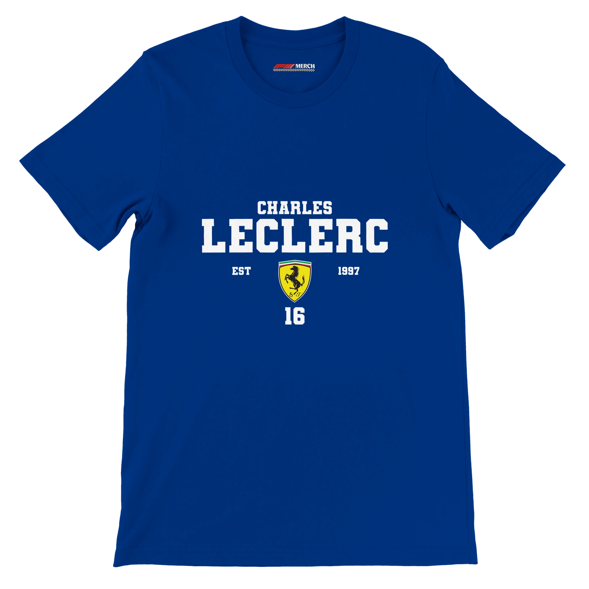 f111 merch true-royal color t-shirt with charles-leclerc branding.