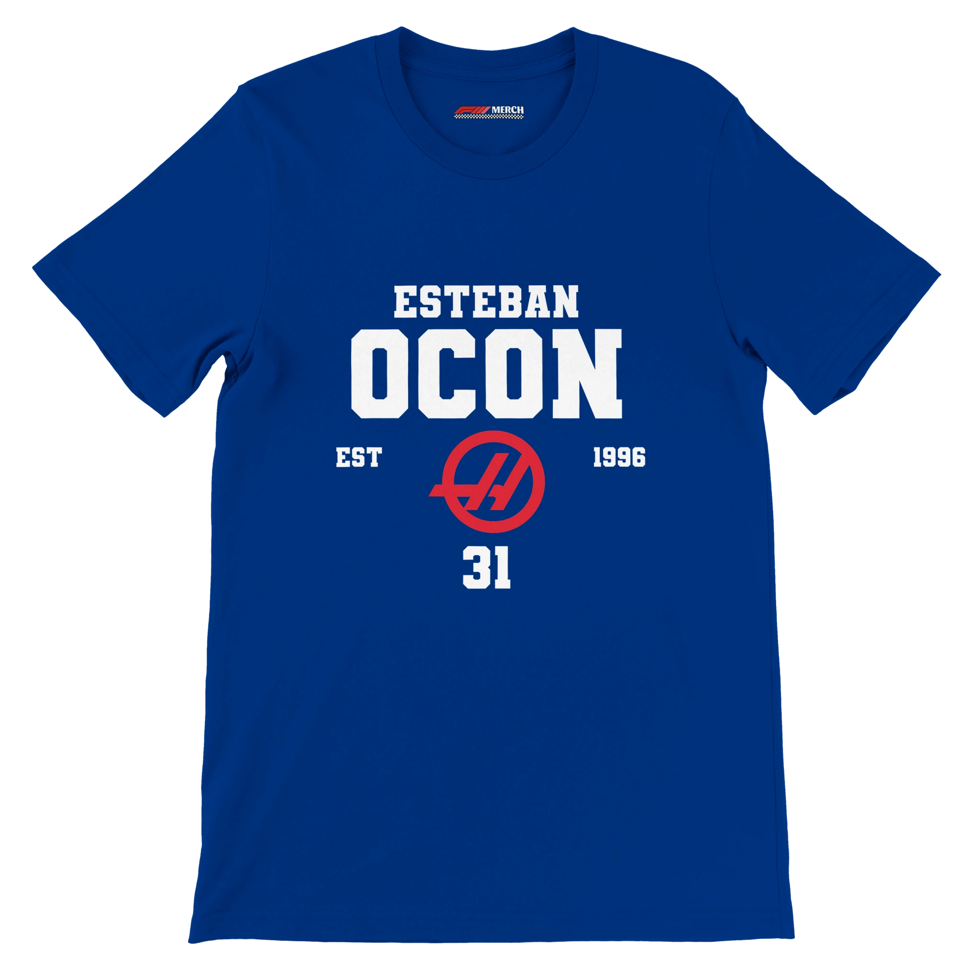 f111 merch true-royal color t-shirt with esteban-ocon branding.
