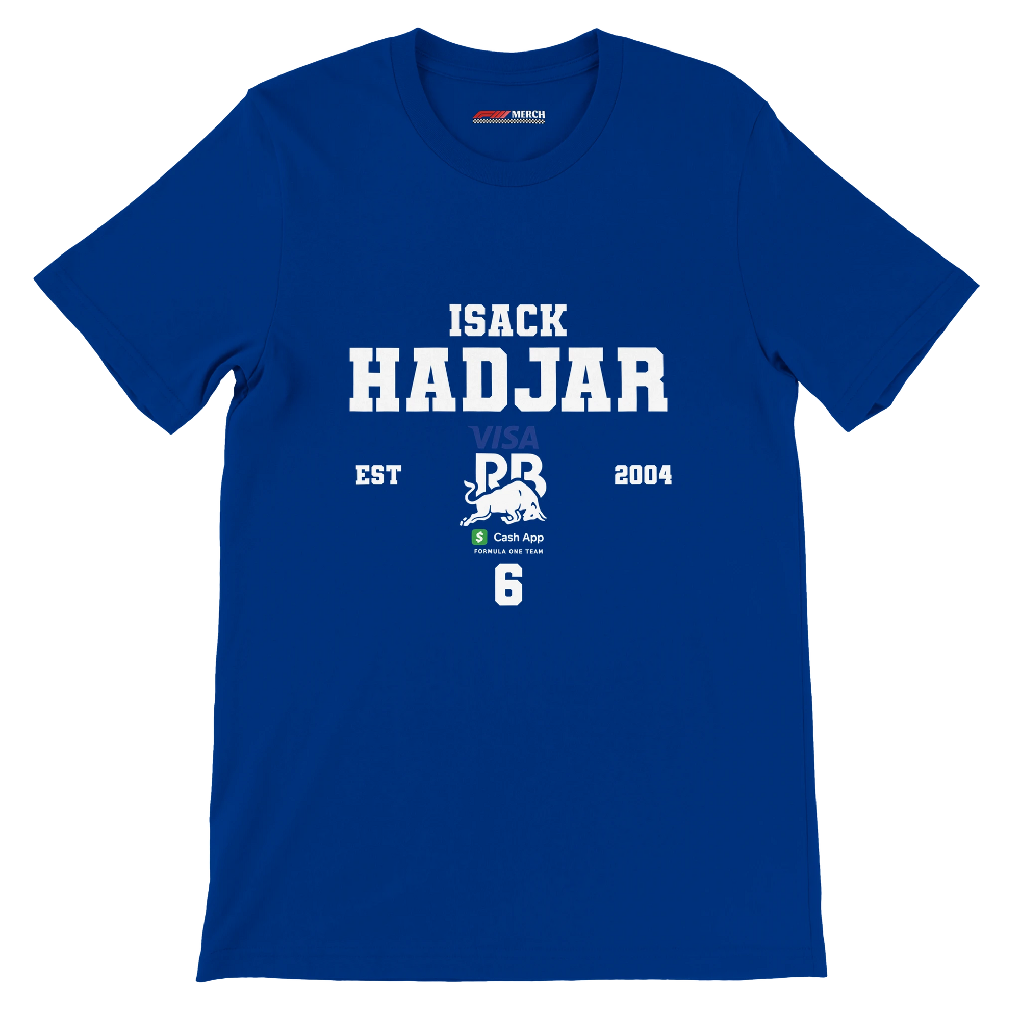 f111 merch true-royal color t-shirt with isack-hadjar branding.