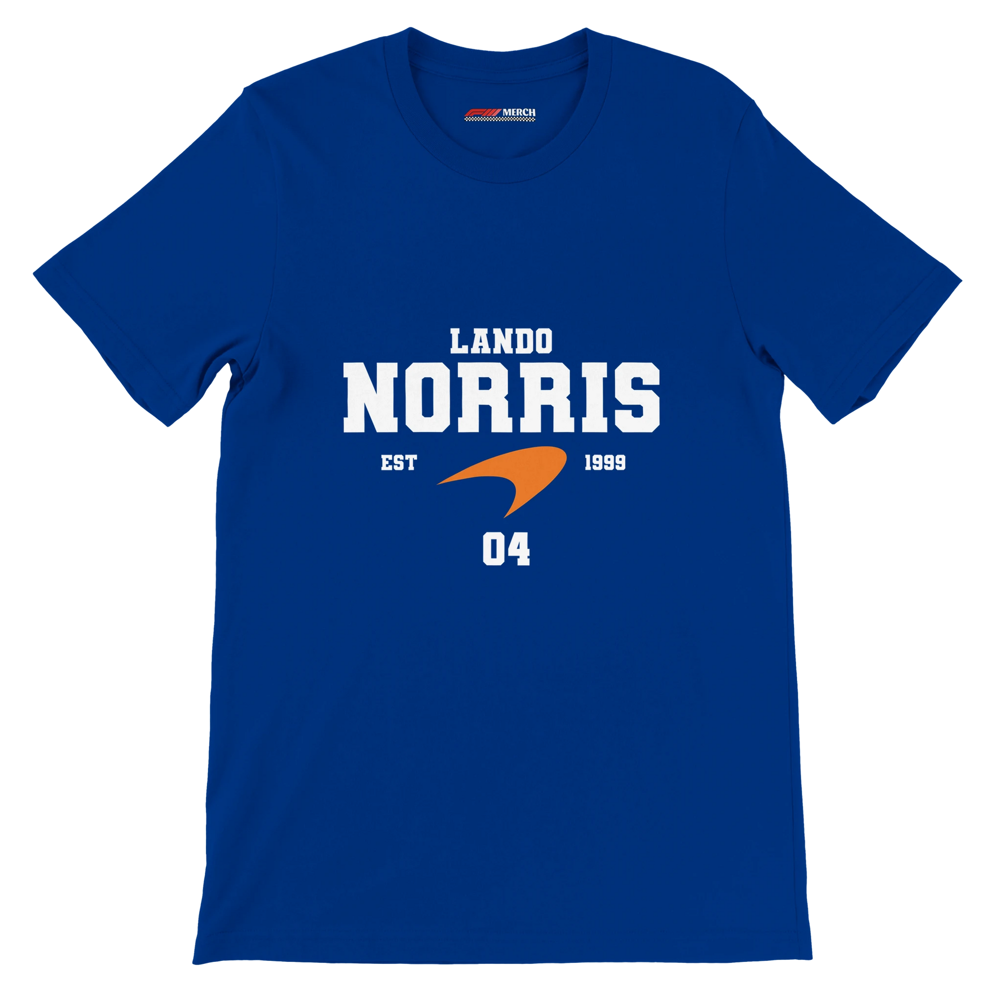 f111 merch true-royal color t-shirt with lando-norris branding.