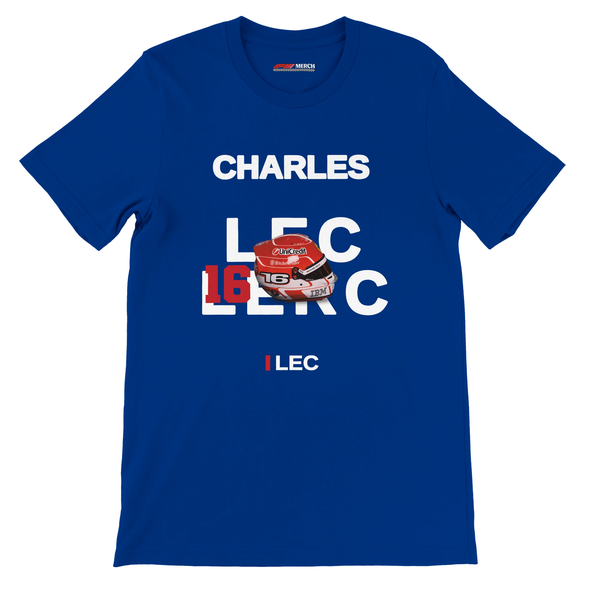 f111 merch true-royal color t-shirt with leclerc branding.
