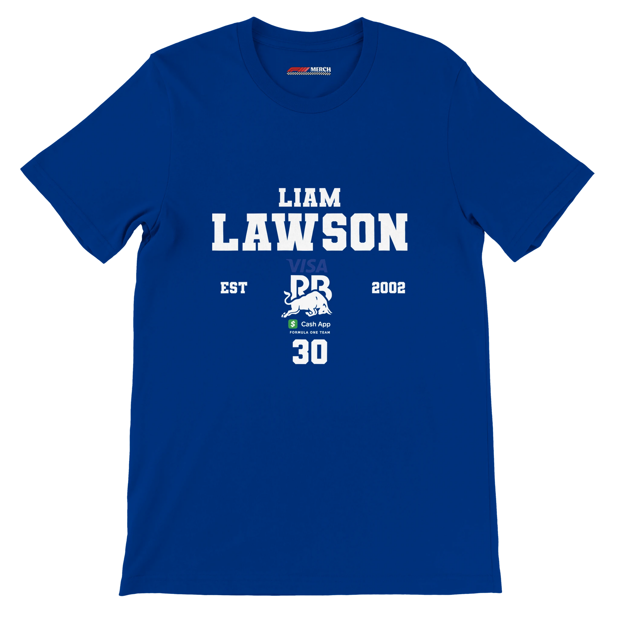 f111 merch true-royal color t-shirt with liam-lawson branding.
