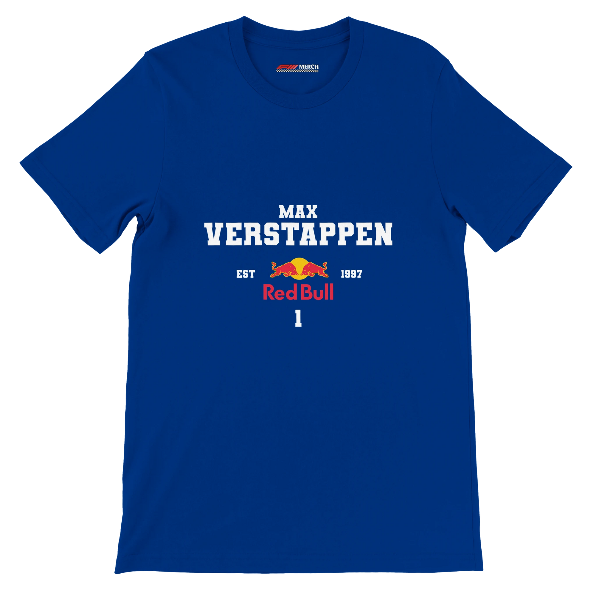 f111 merch true-royal color t-shirt with max-verstappen branding.