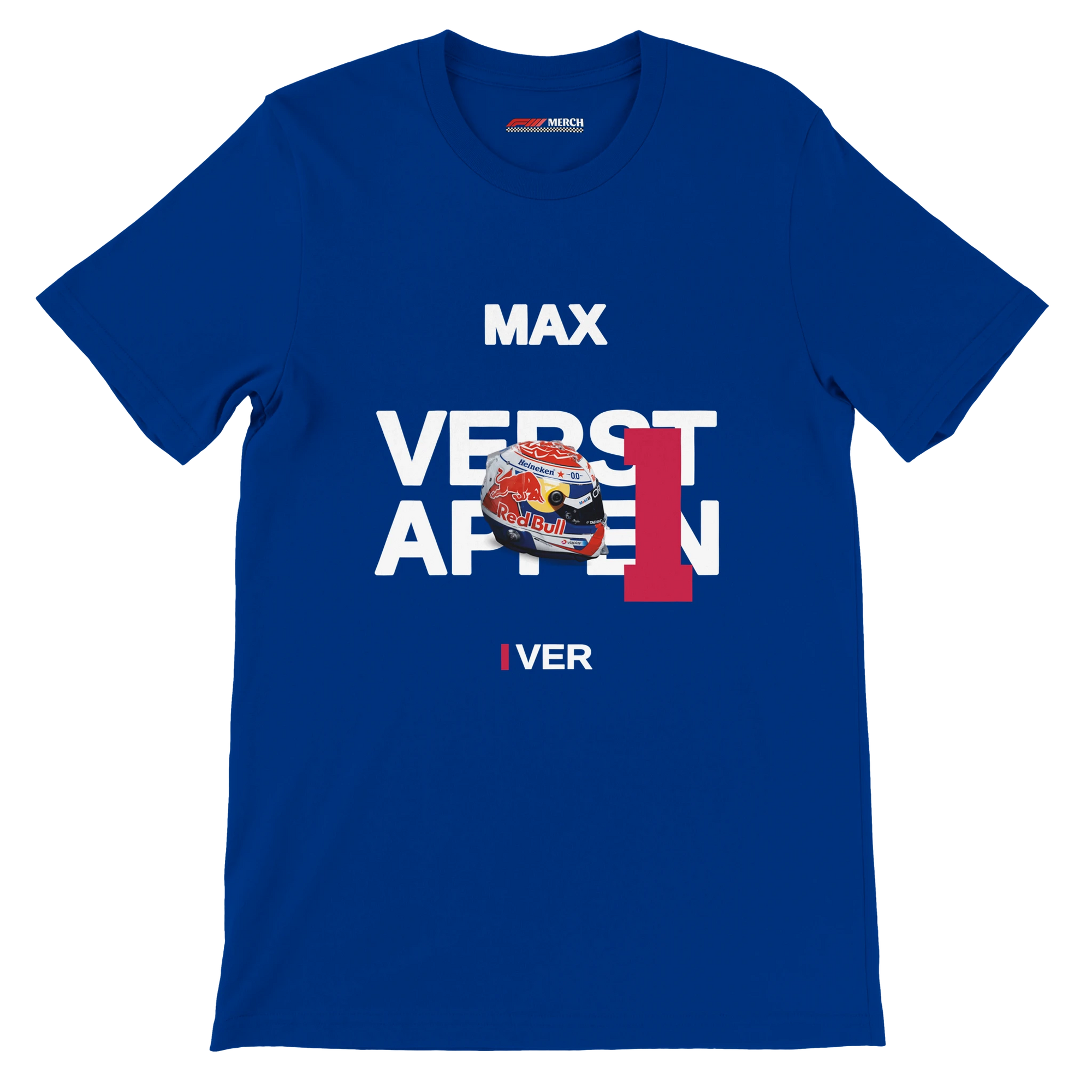 f111 merch true-royal color t-shirt with verstappen branding.
