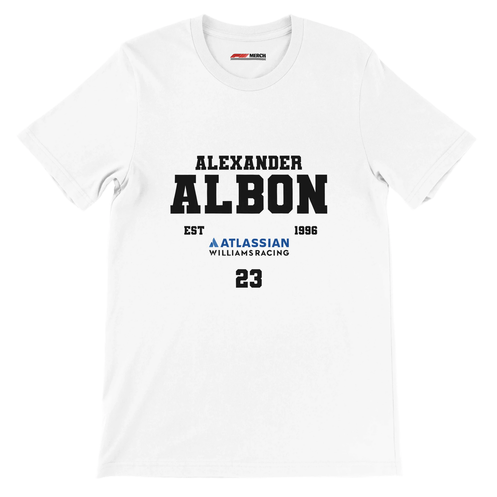 f111 merch white color t-shirt with alex-albon branding.