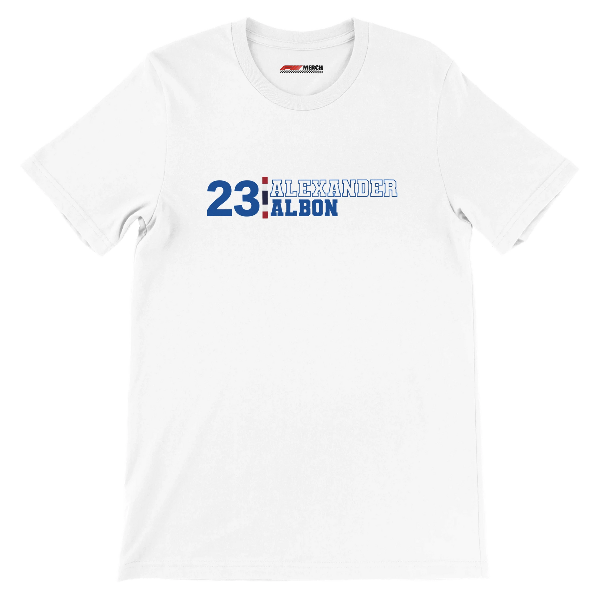 f111 merch white color t-shirt with alex-albon branding.