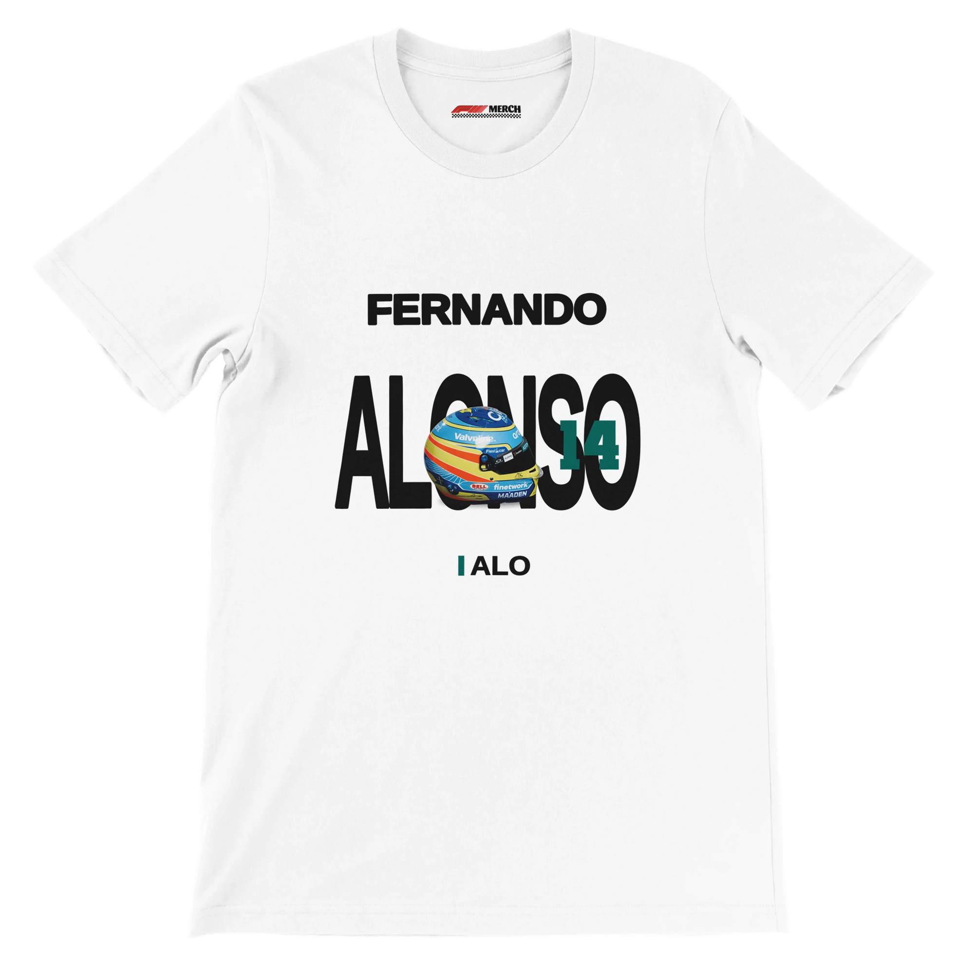 f111 merch white color t-shirt with alonso branding.