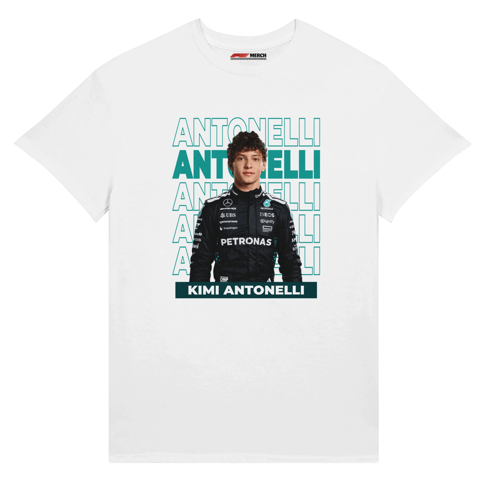 f111 merch white color t-shirt with antonelli branding.