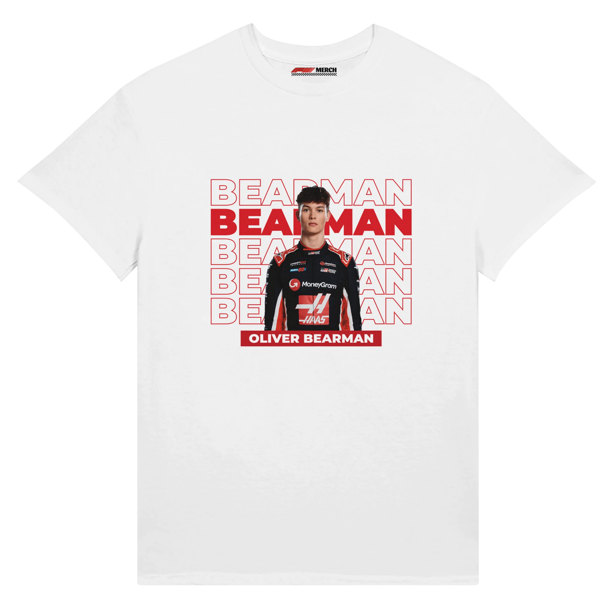 f111 merch white color t-shirt with bearman branding.