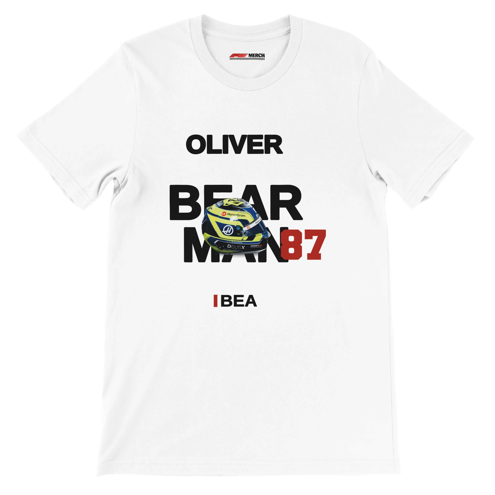 f111 merch white color t-shirt with bearman branding.