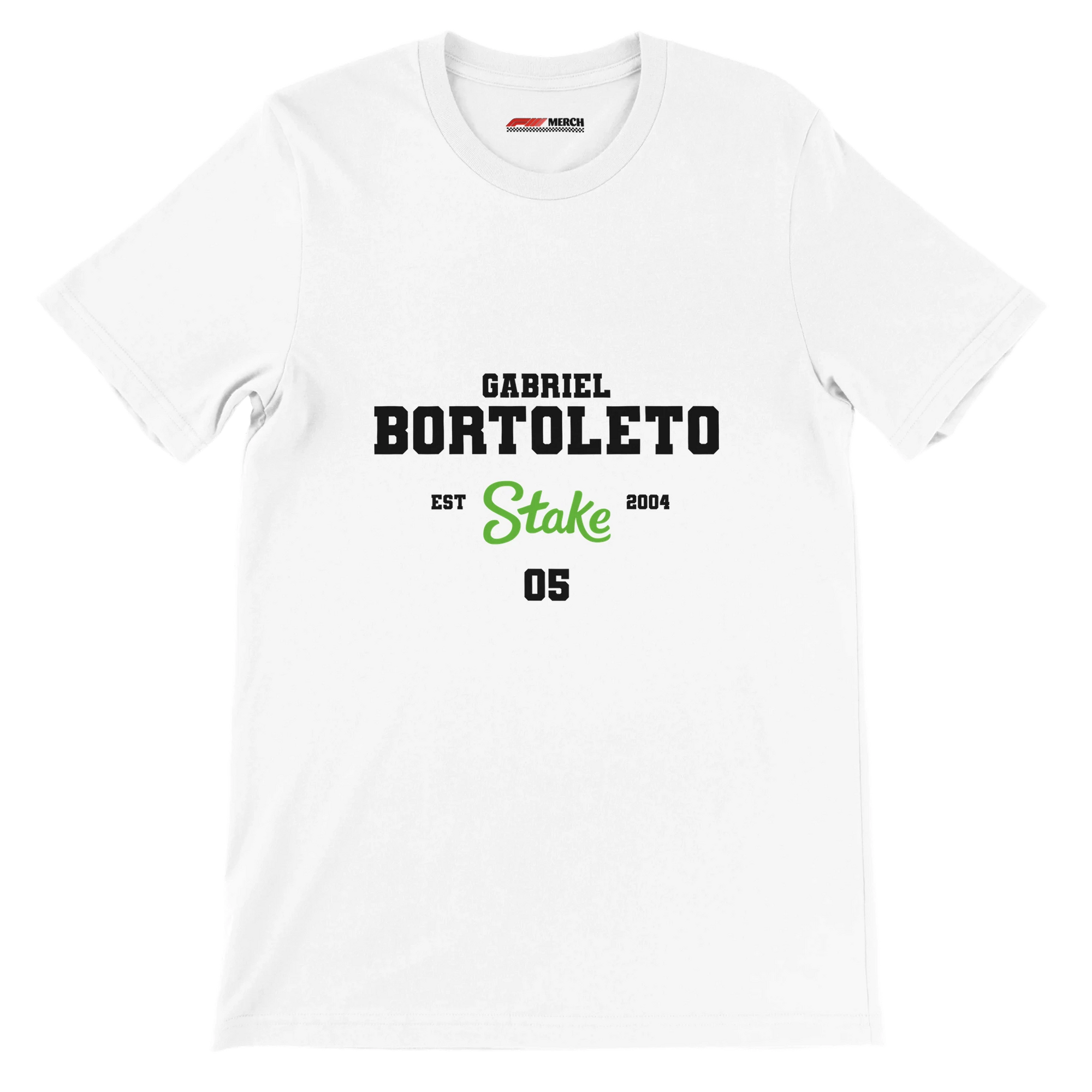 f111 merch white color t-shirt with bortoleto branding.