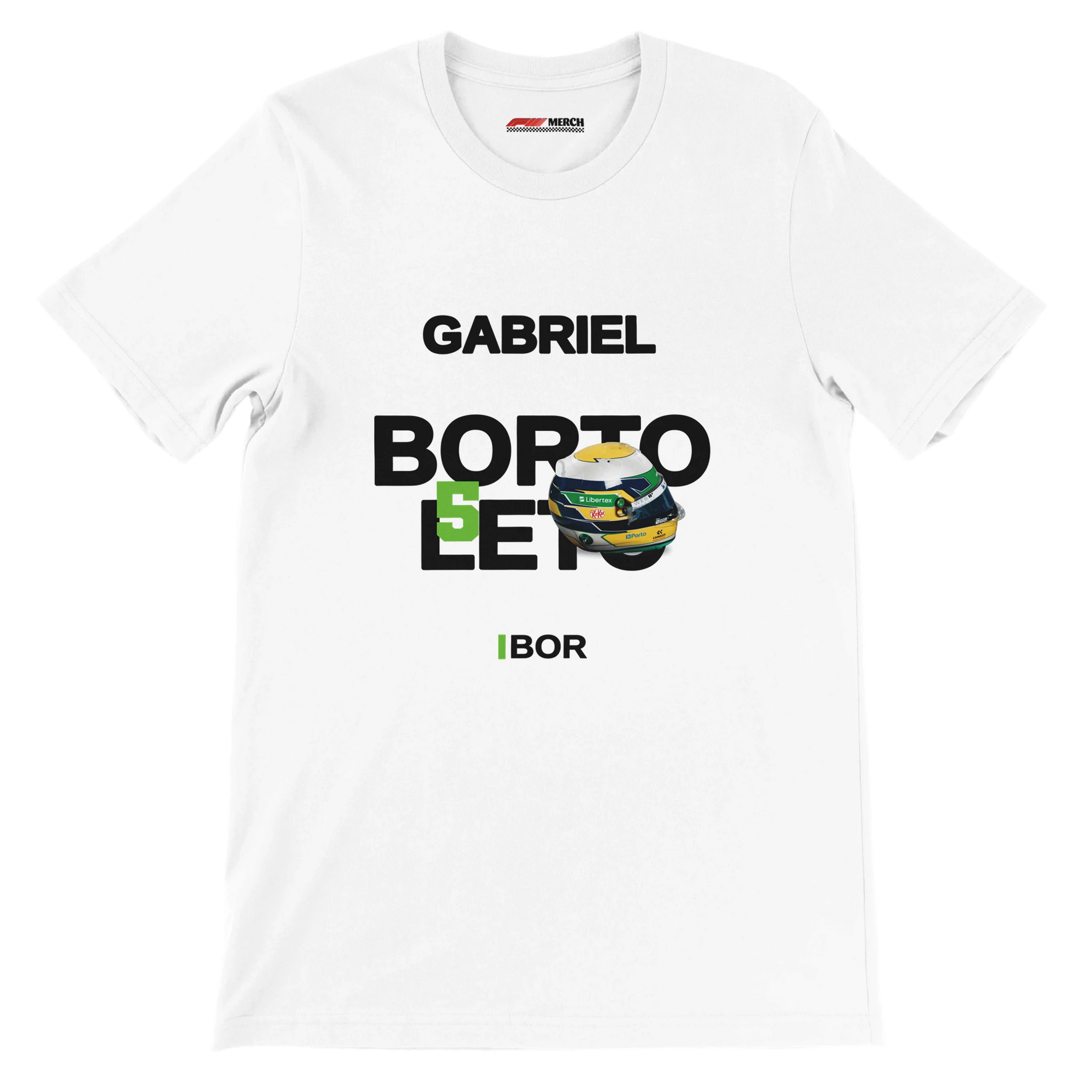 f111 merch white color t-shirt with bortoleto branding.