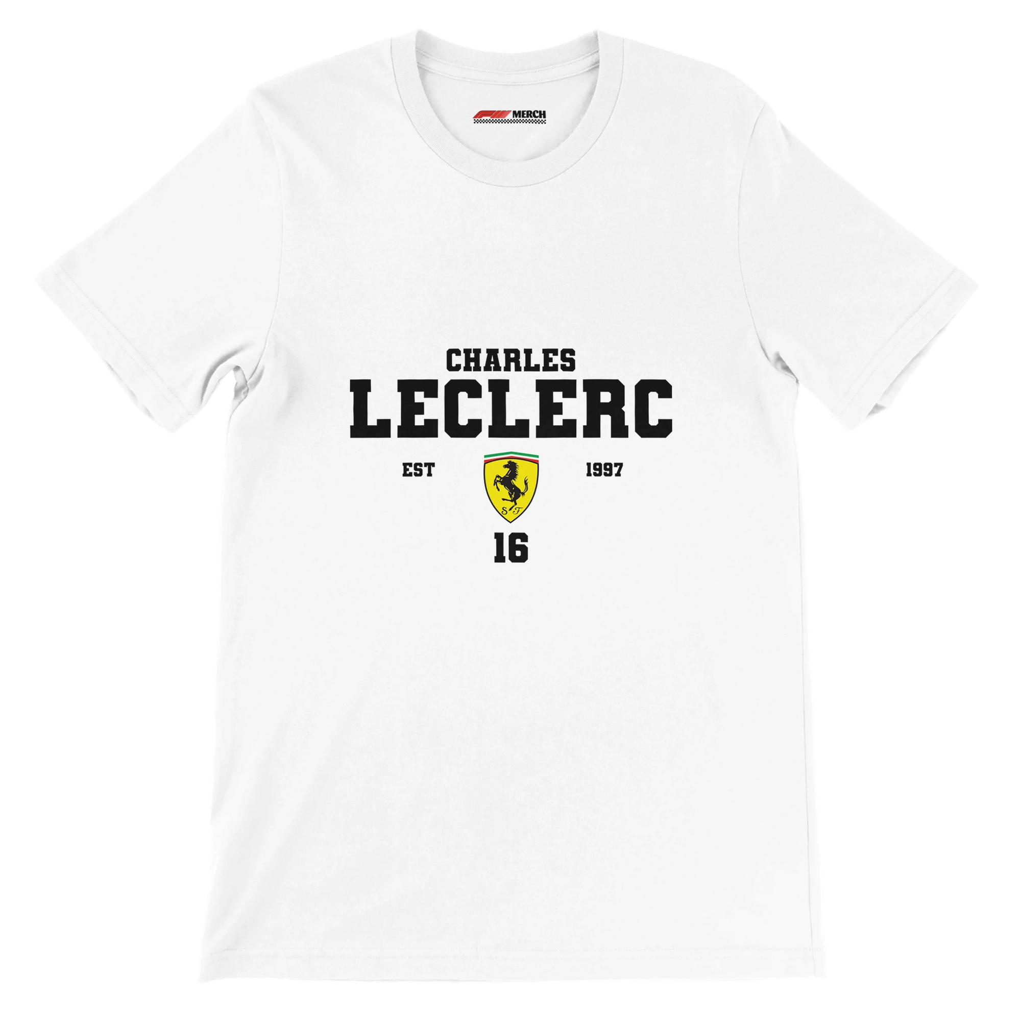 f111 merch white color t-shirt with charles-leclerc branding.