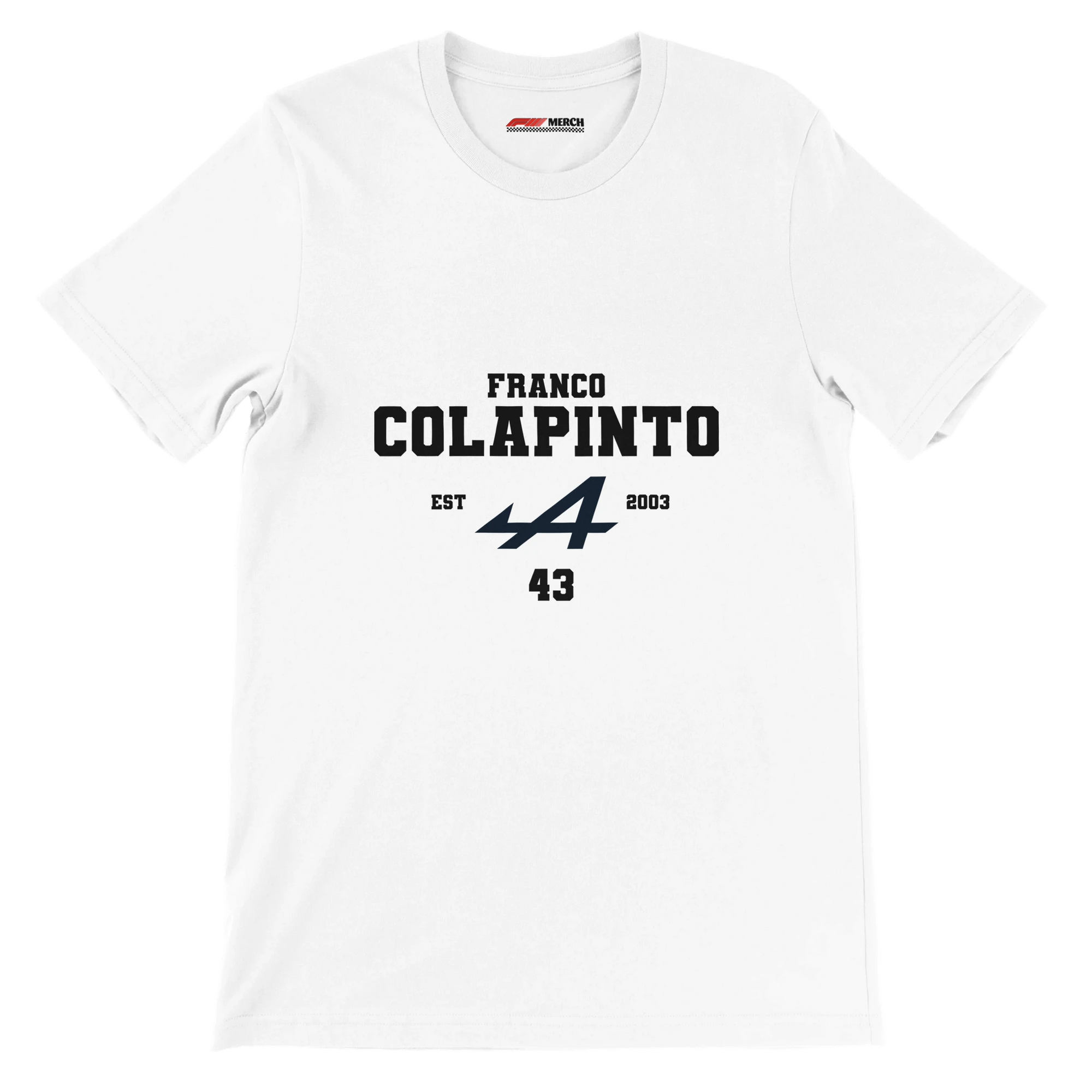 f111 merch white color t-shirt with colapinto branding.