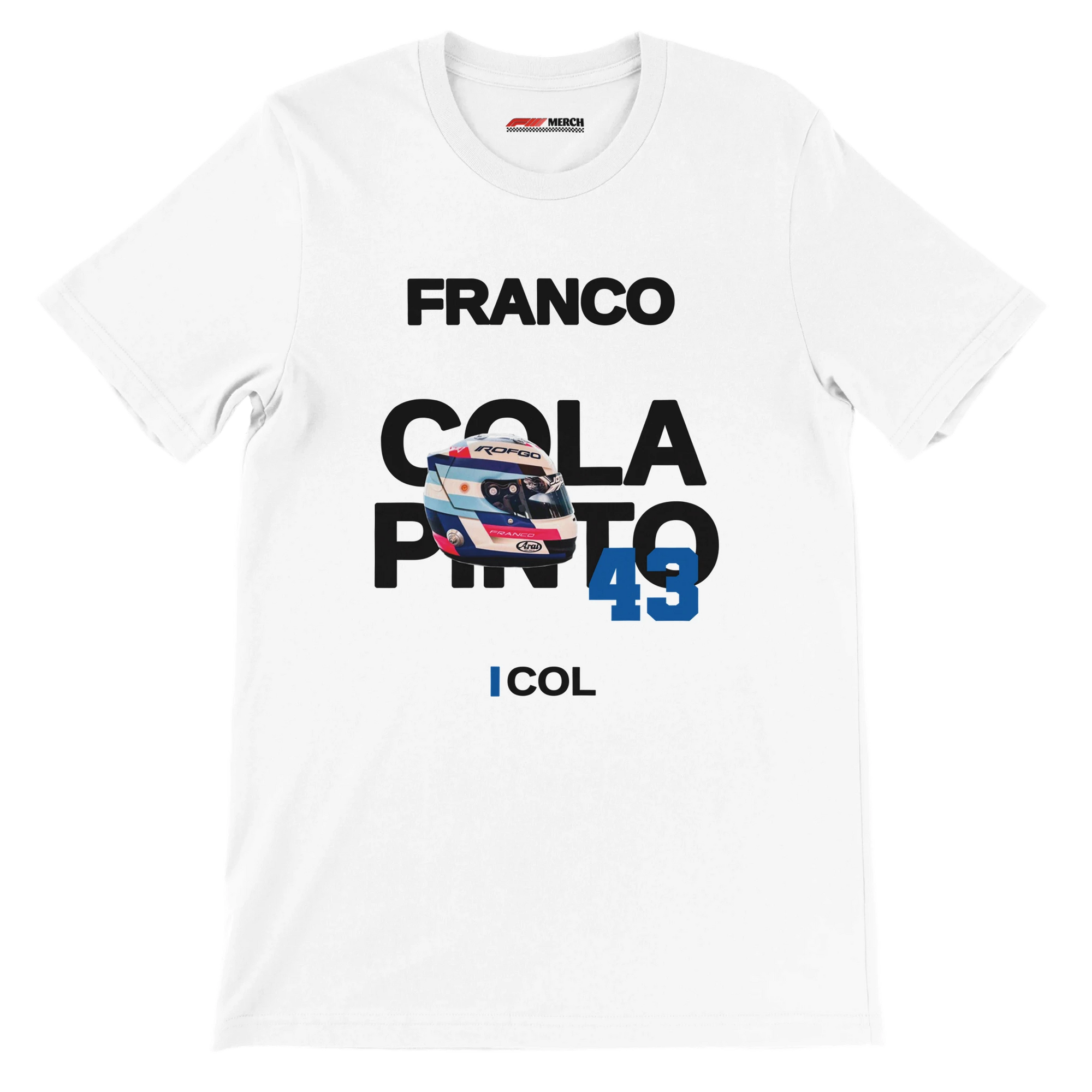 f111 merch white color t-shirt with colapinto branding.