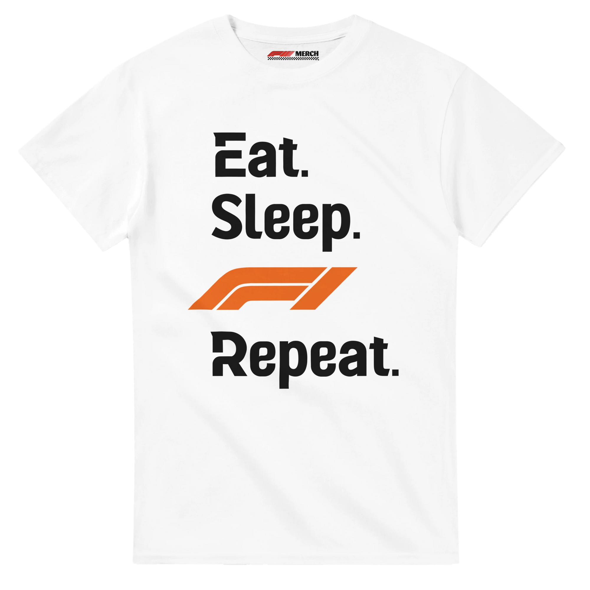 f111 merch white color t-shirt with eat-sleep-f1-repeat-orange branding.