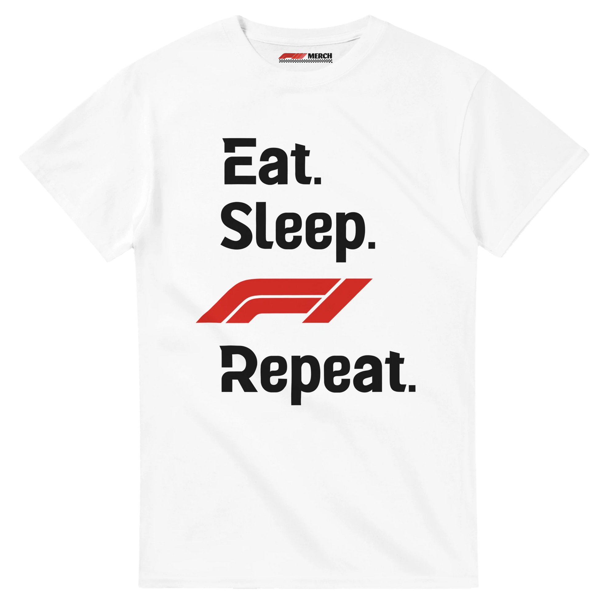 f111 merch white color t-shirt with eat-sleep-f1-repeat-red branding.