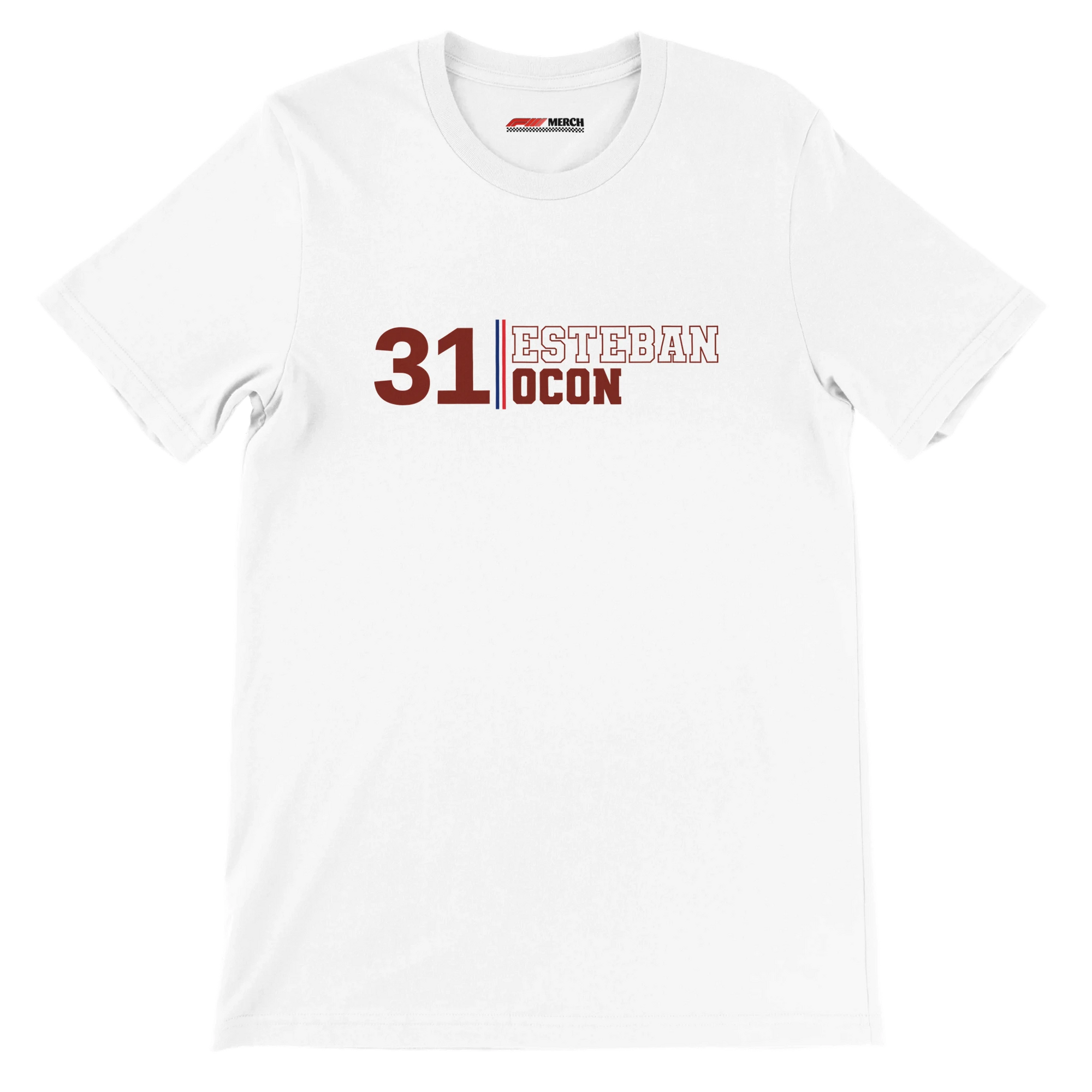 f111 merch white color t-shirt with esteban-ocon branding.
