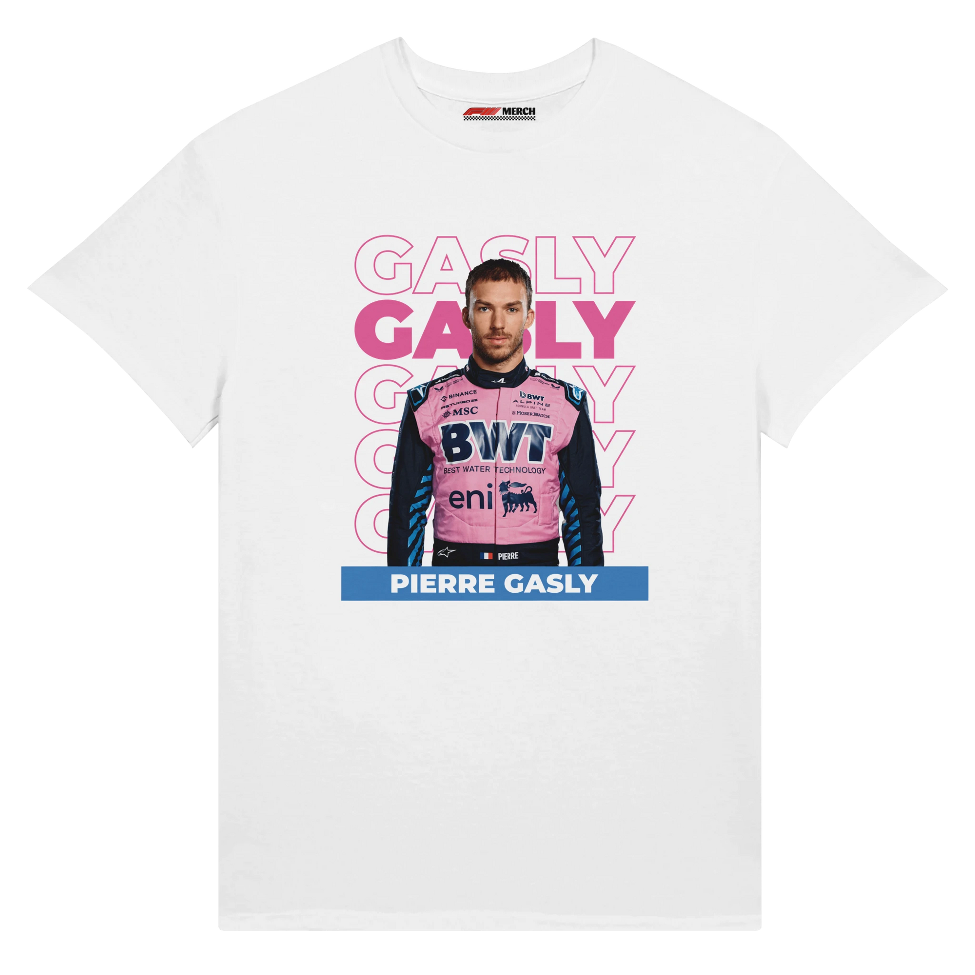 f111 merch white color t-shirt with gasly branding.