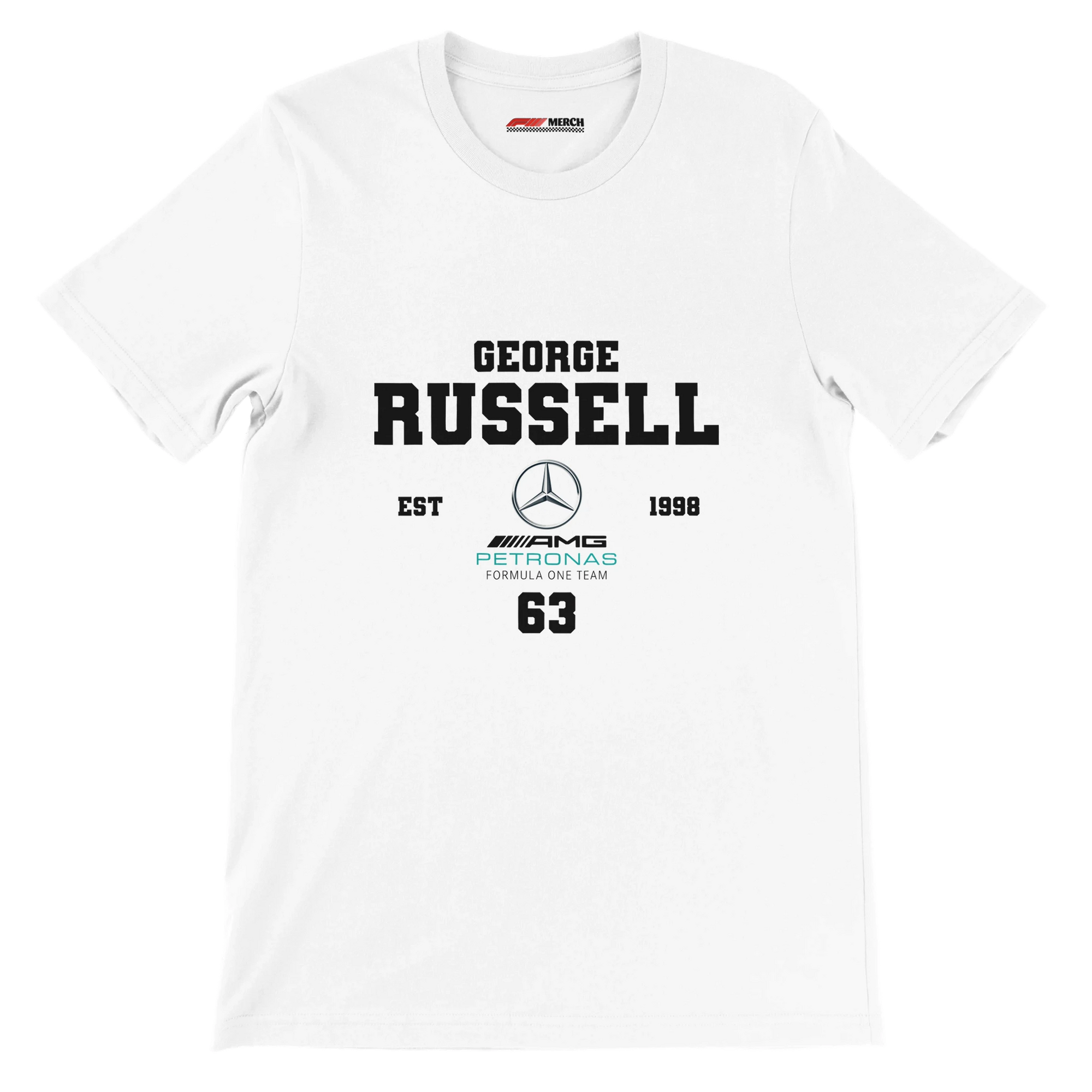 f111 merch white color t-shirt with george-russell branding.