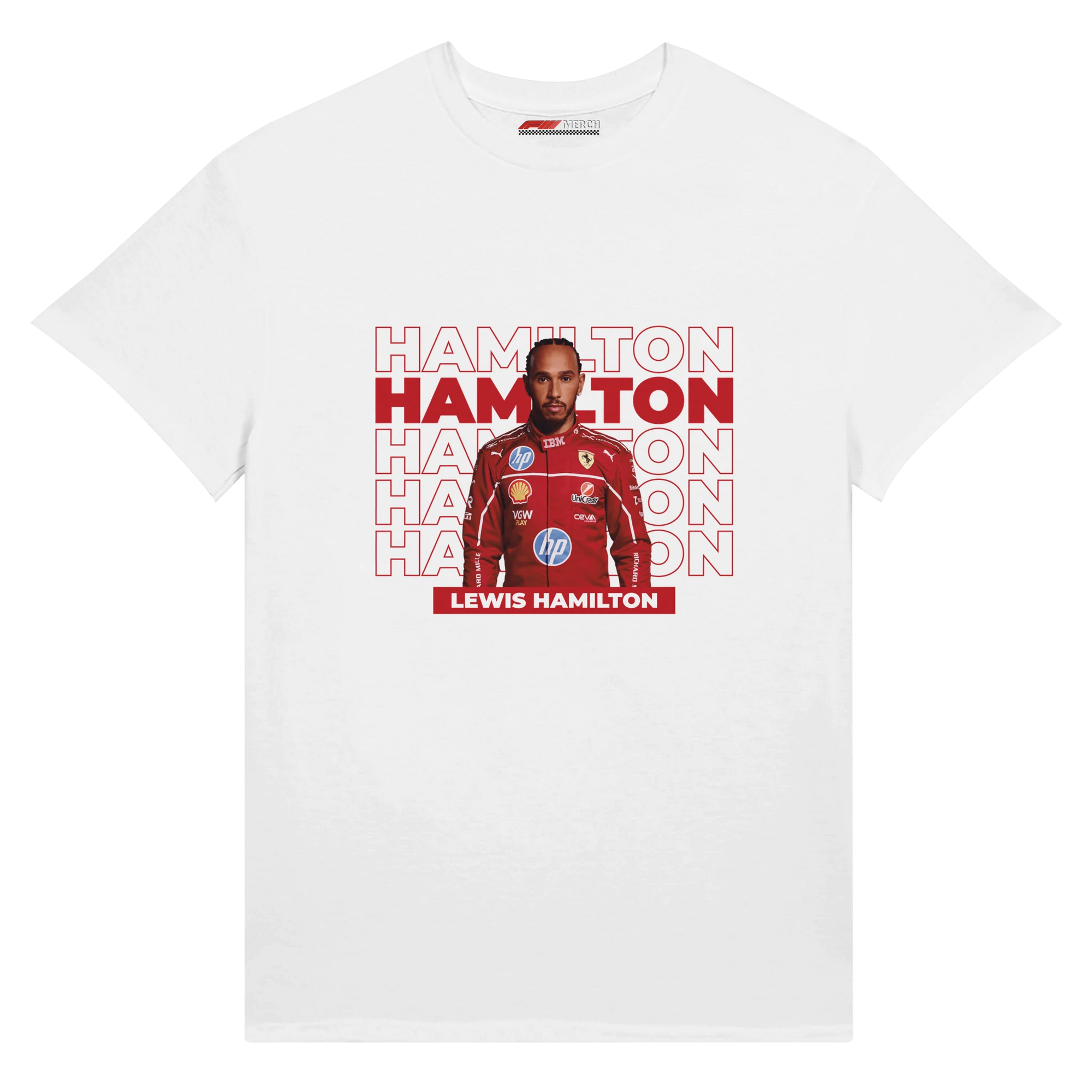 f111 merch white color t-shirt with hamilton branding.