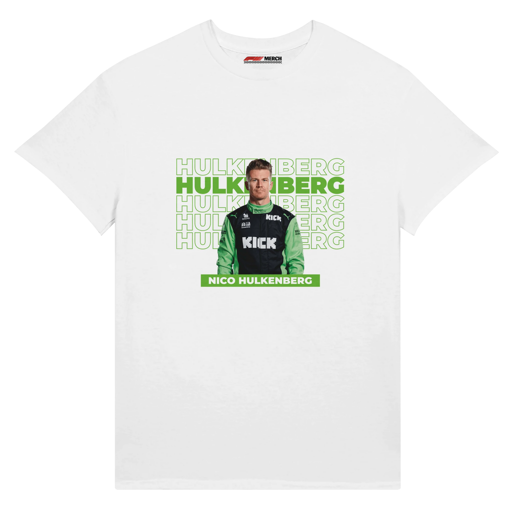 f111 merch white color t-shirt with hulkenberg branding.