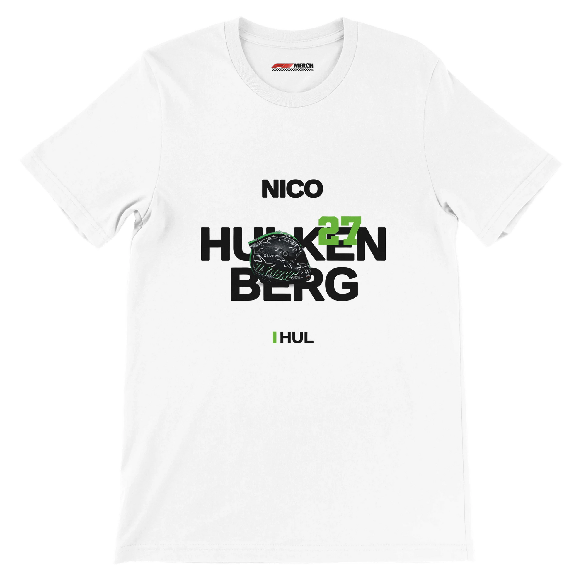 f111 merch white color t-shirt with hulkenberg branding.