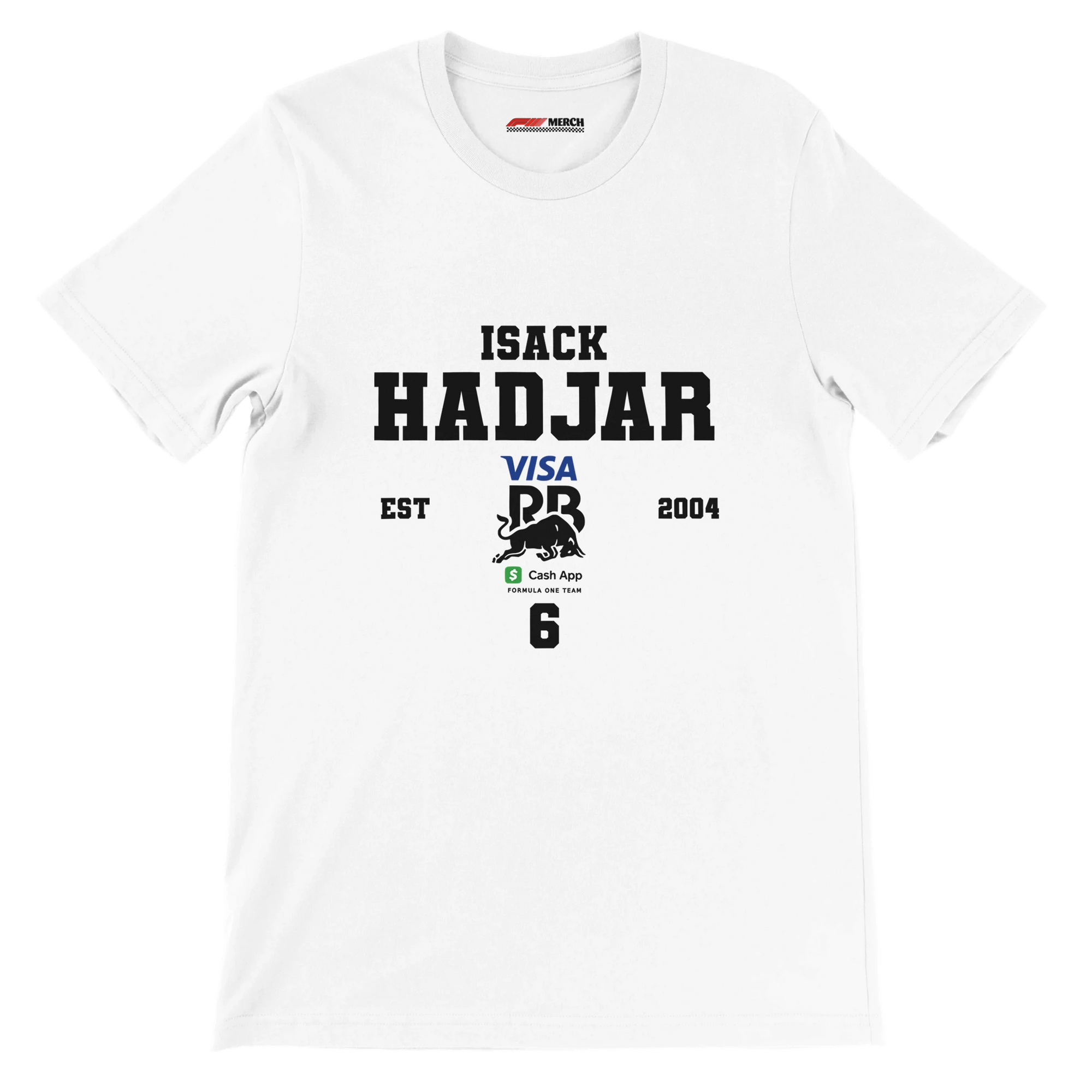 f111 merch white color t-shirt with isack-hadjar branding.