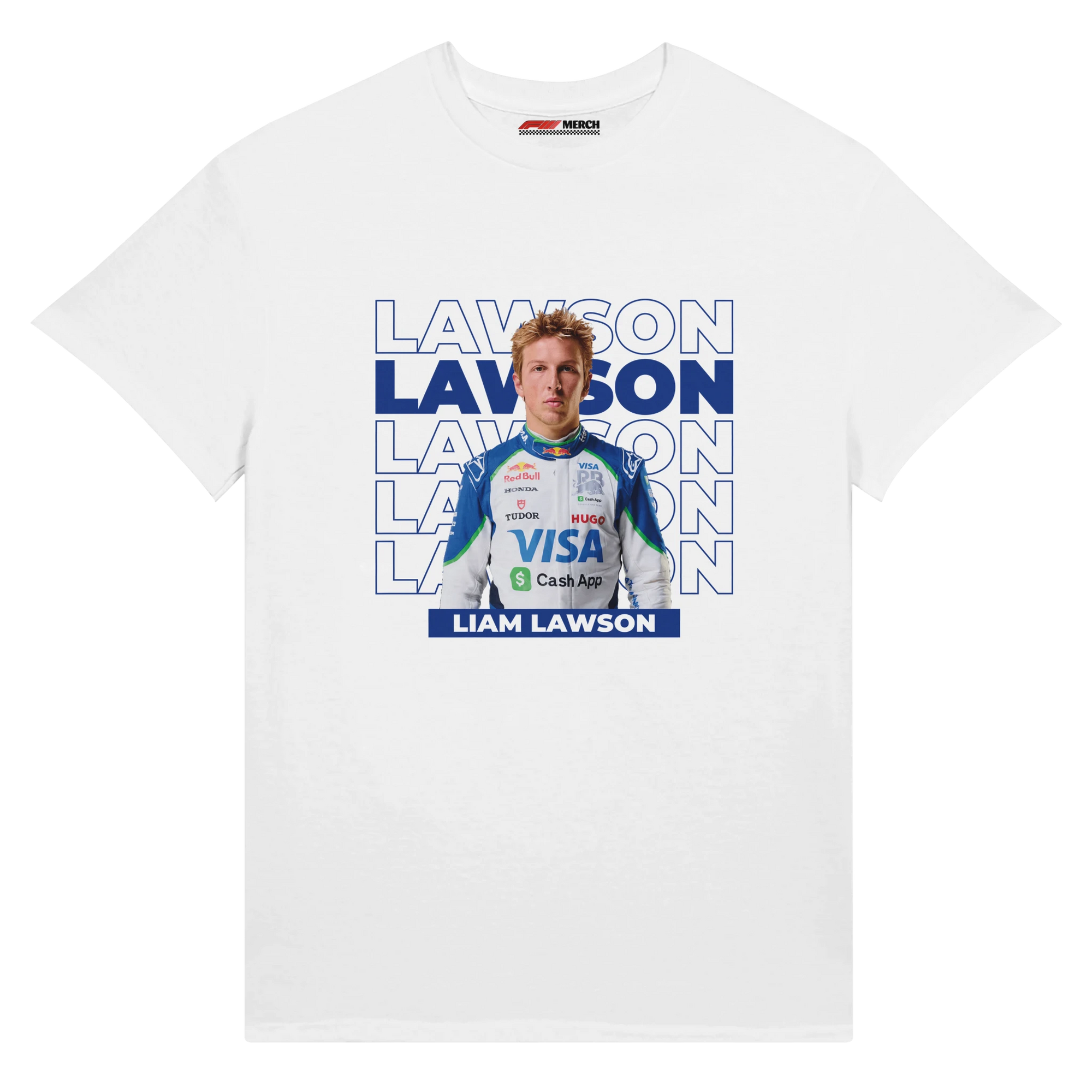 f111 merch white color t-shirt with lawson branding.