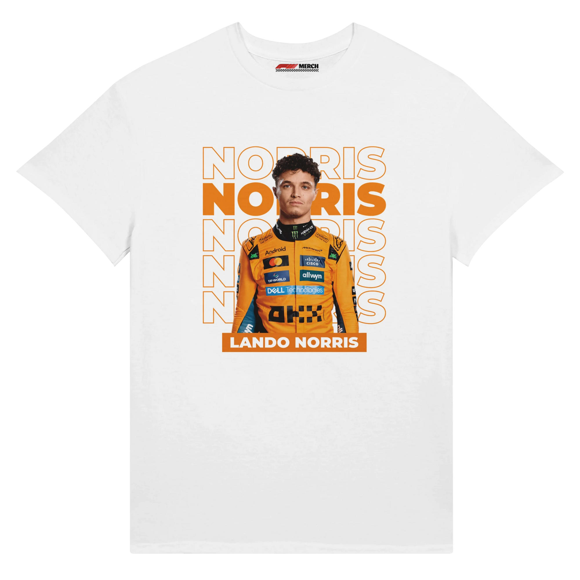 f111 merch white color t-shirt with norris branding.