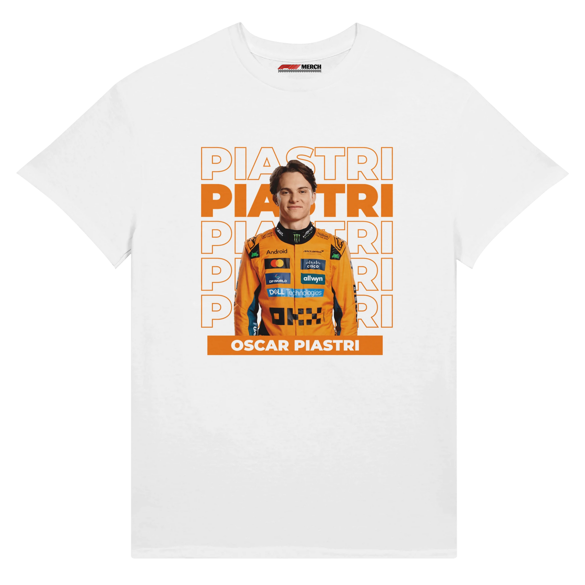 f111 merch white color t-shirt with piastri branding.