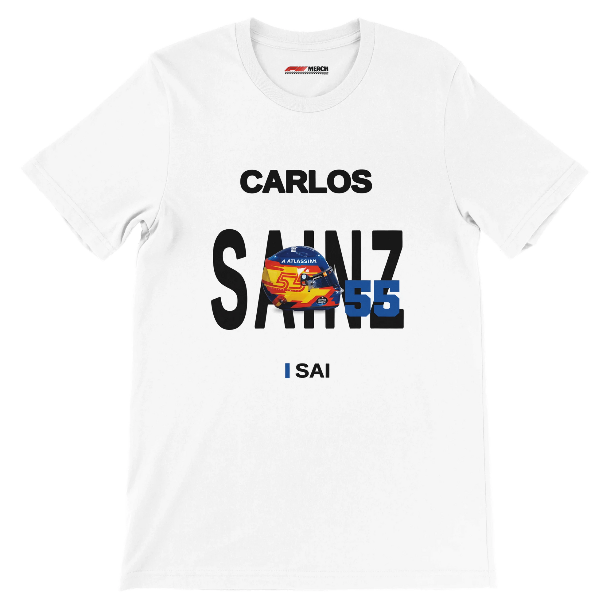 f111 merch white color t-shirt with sainz branding.