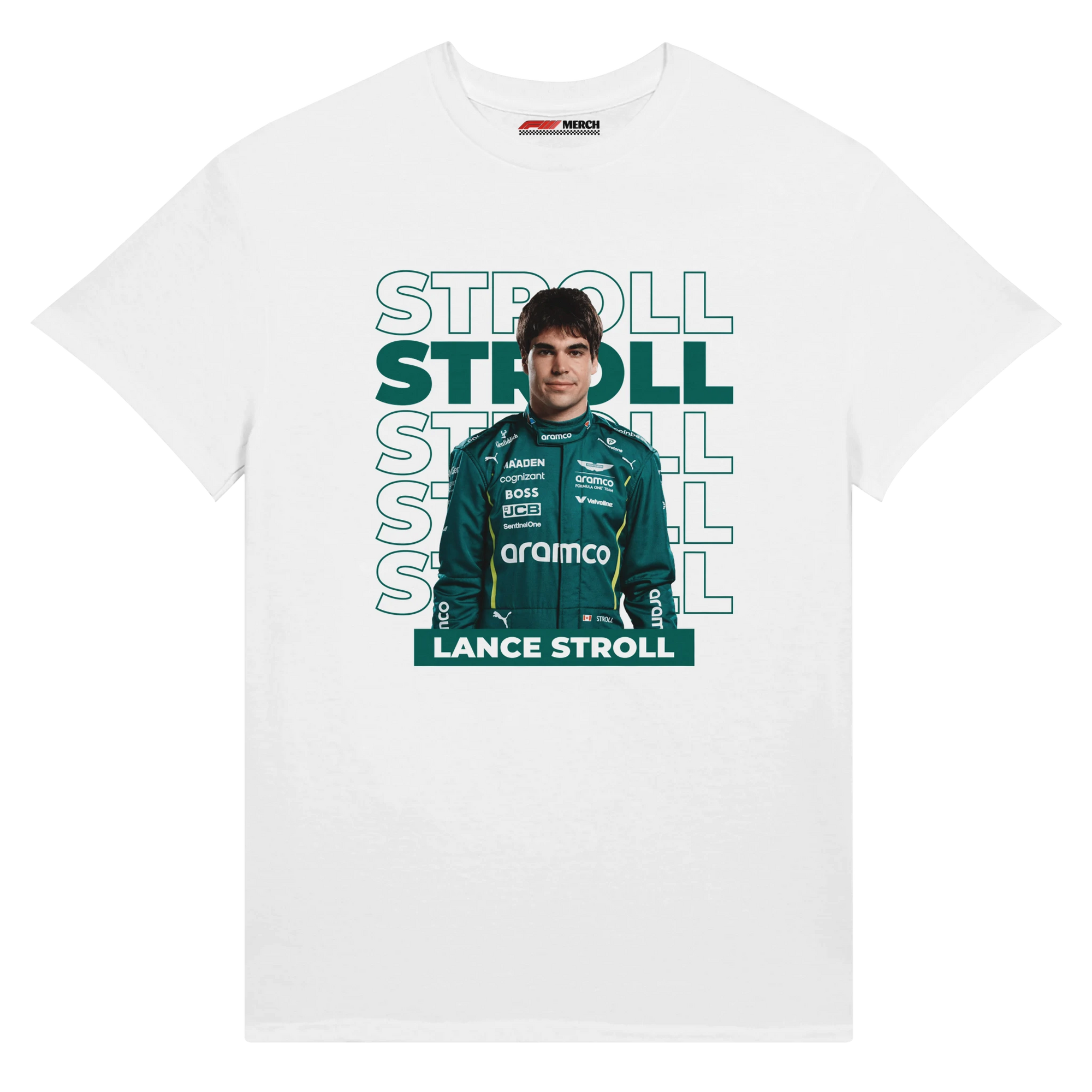 f111 merch white color t-shirt with stroll branding.