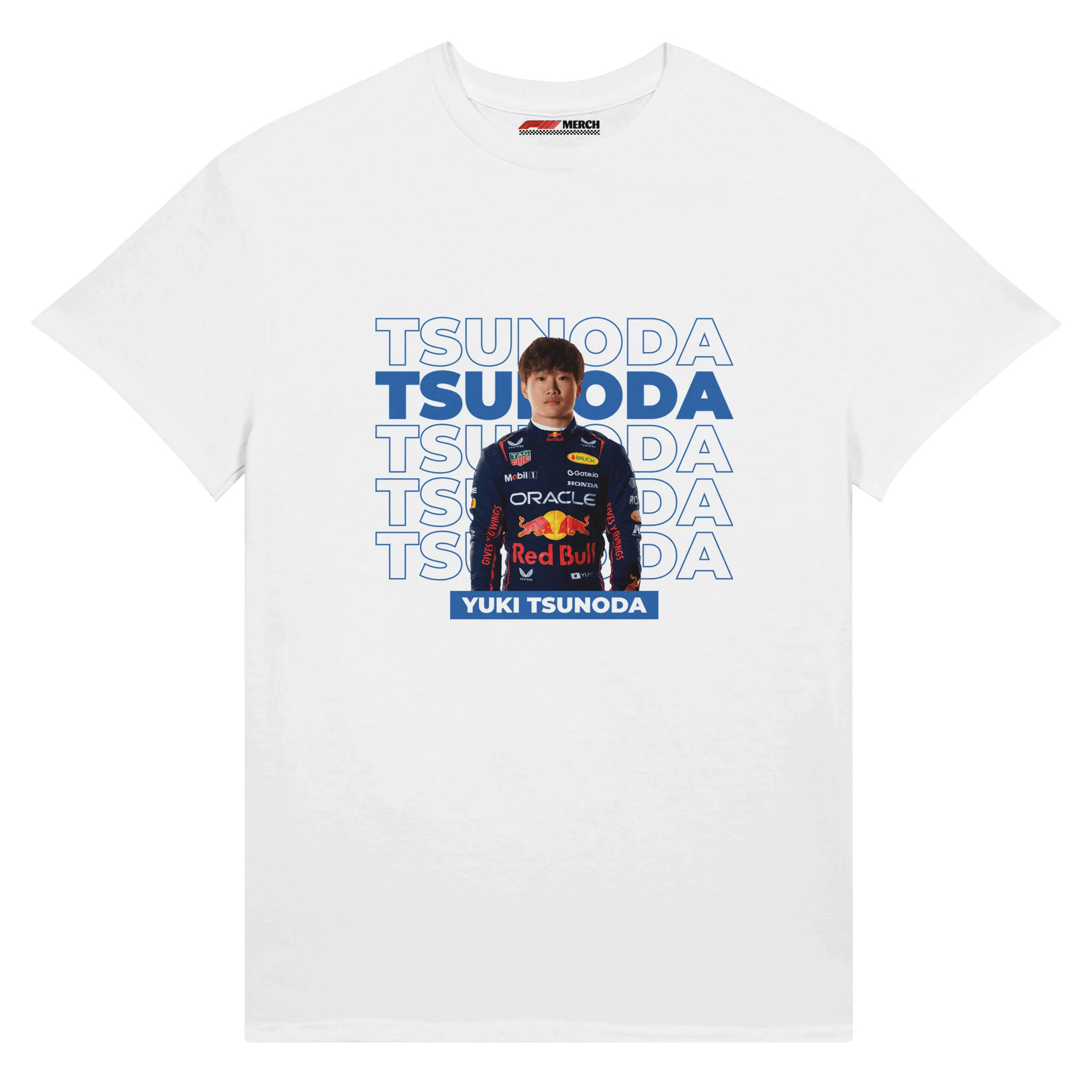 f111 merch white color t-shirt with tsunoda branding.