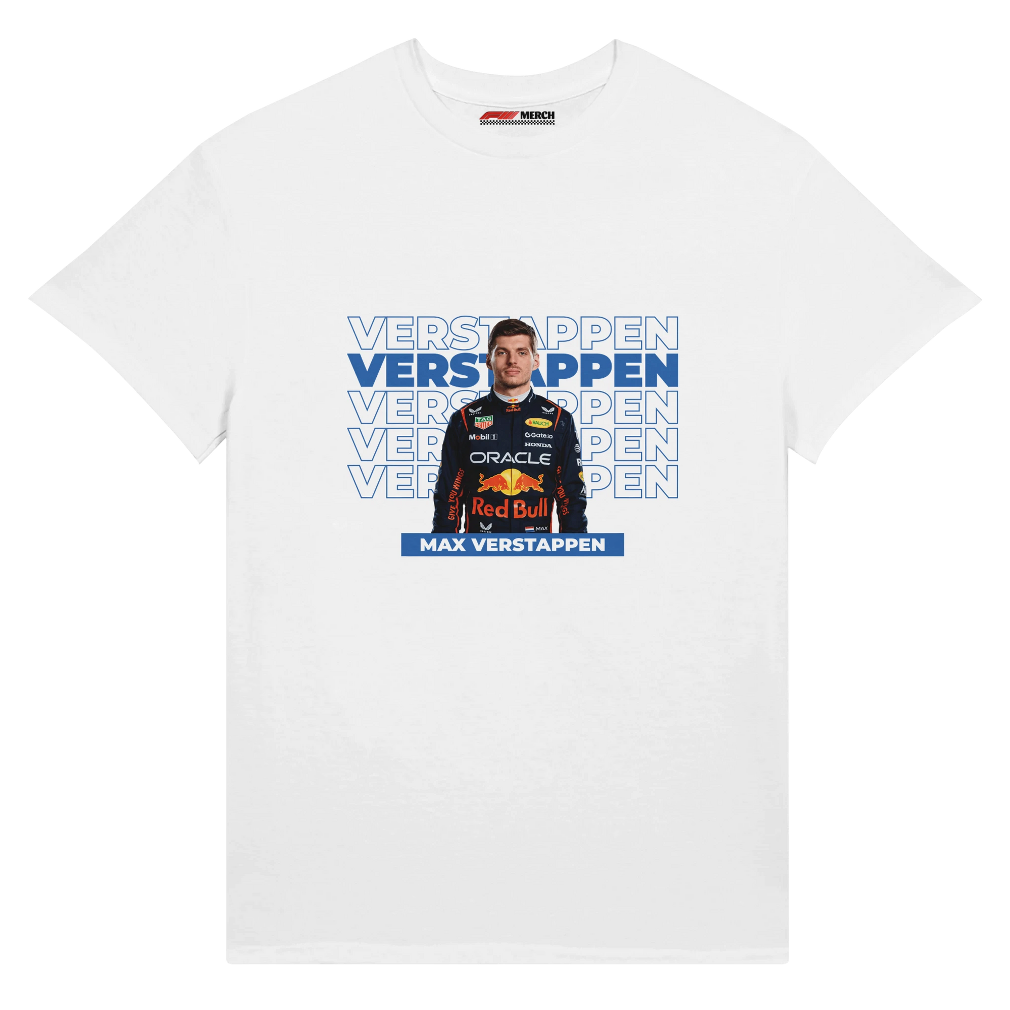 f111 merch white color t-shirt with verstappen branding.